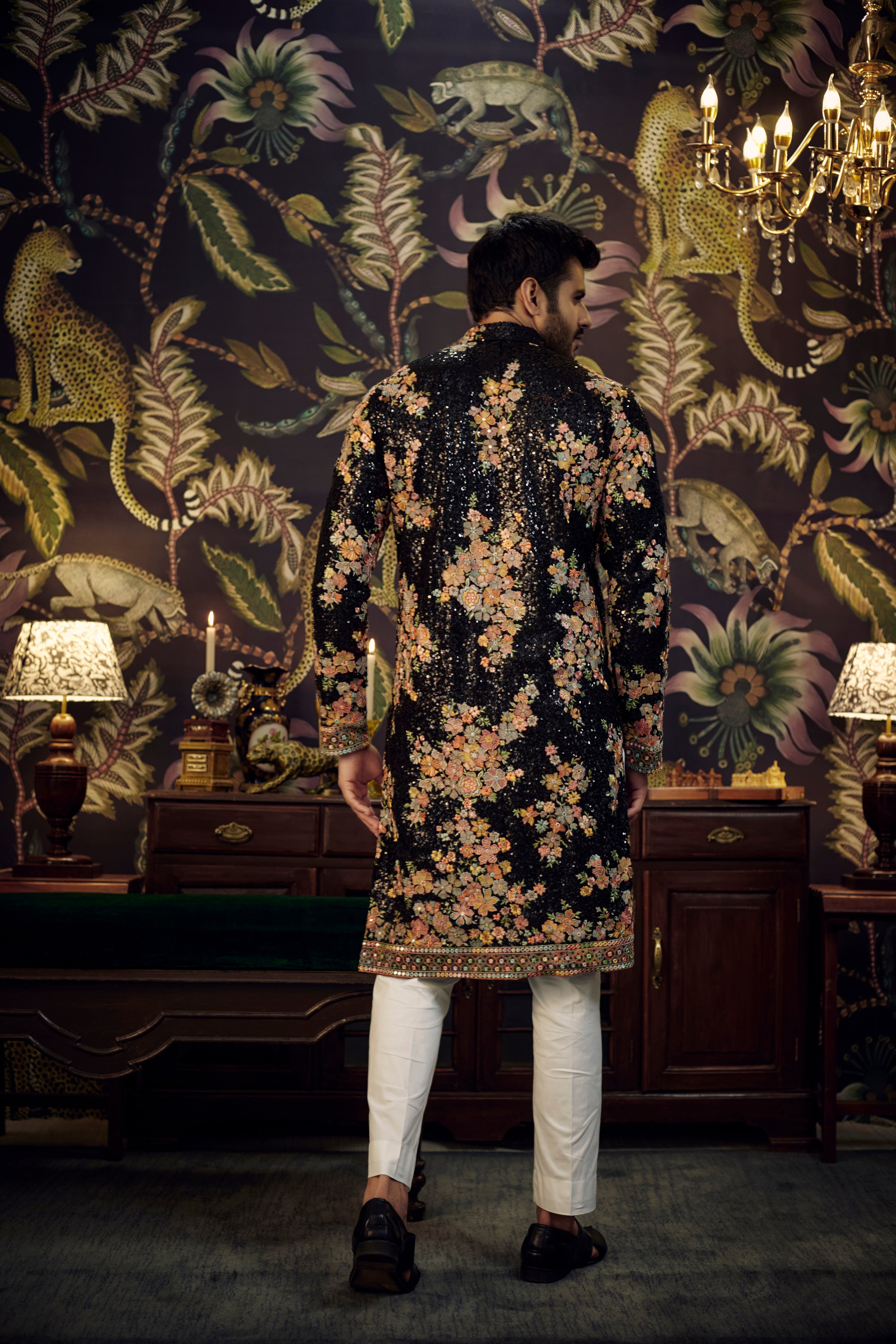 Black sequined kurta with intricate floral embroidery - kasbahmen