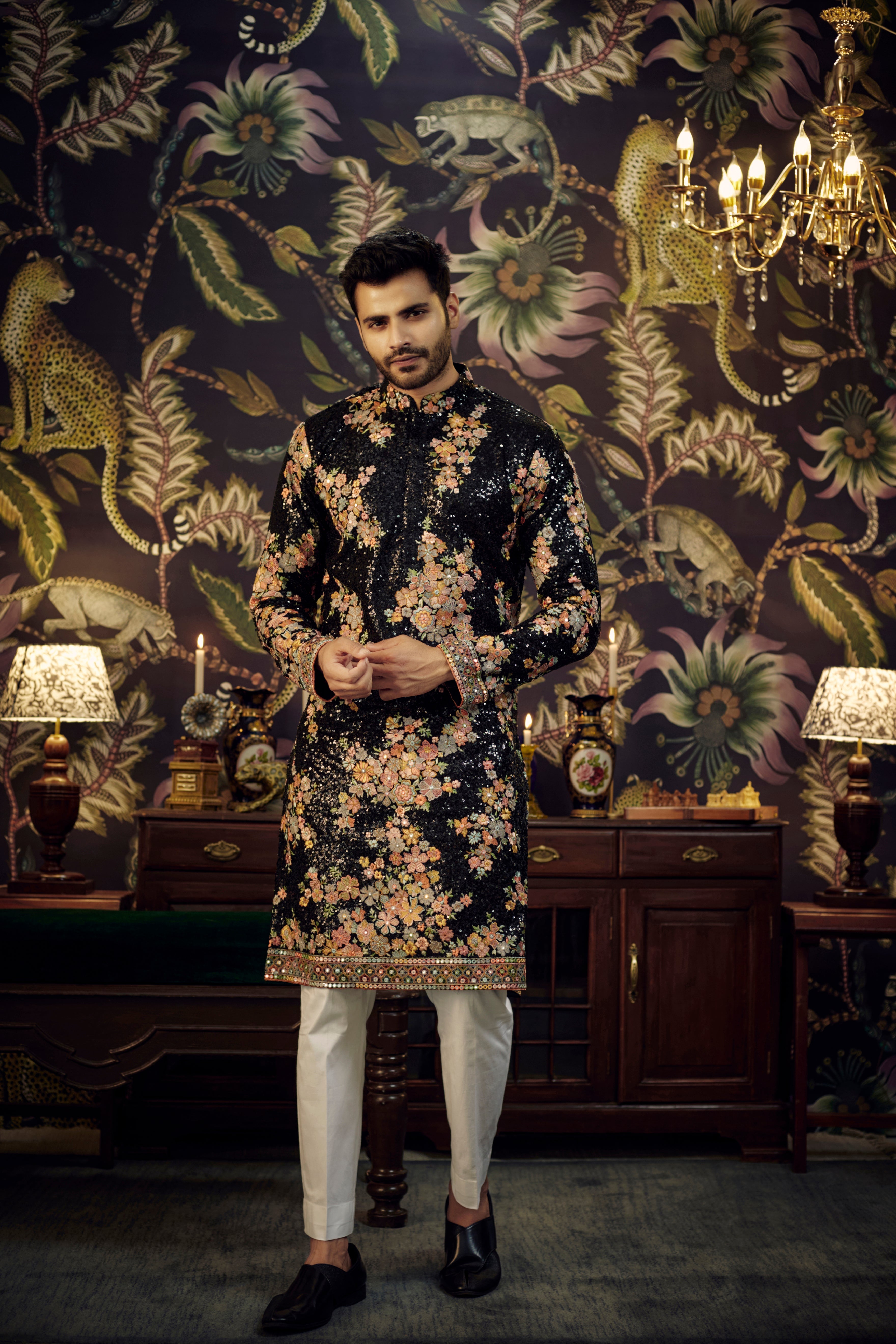 Black sequined kurta with intricate floral embroidery - kasbahmen