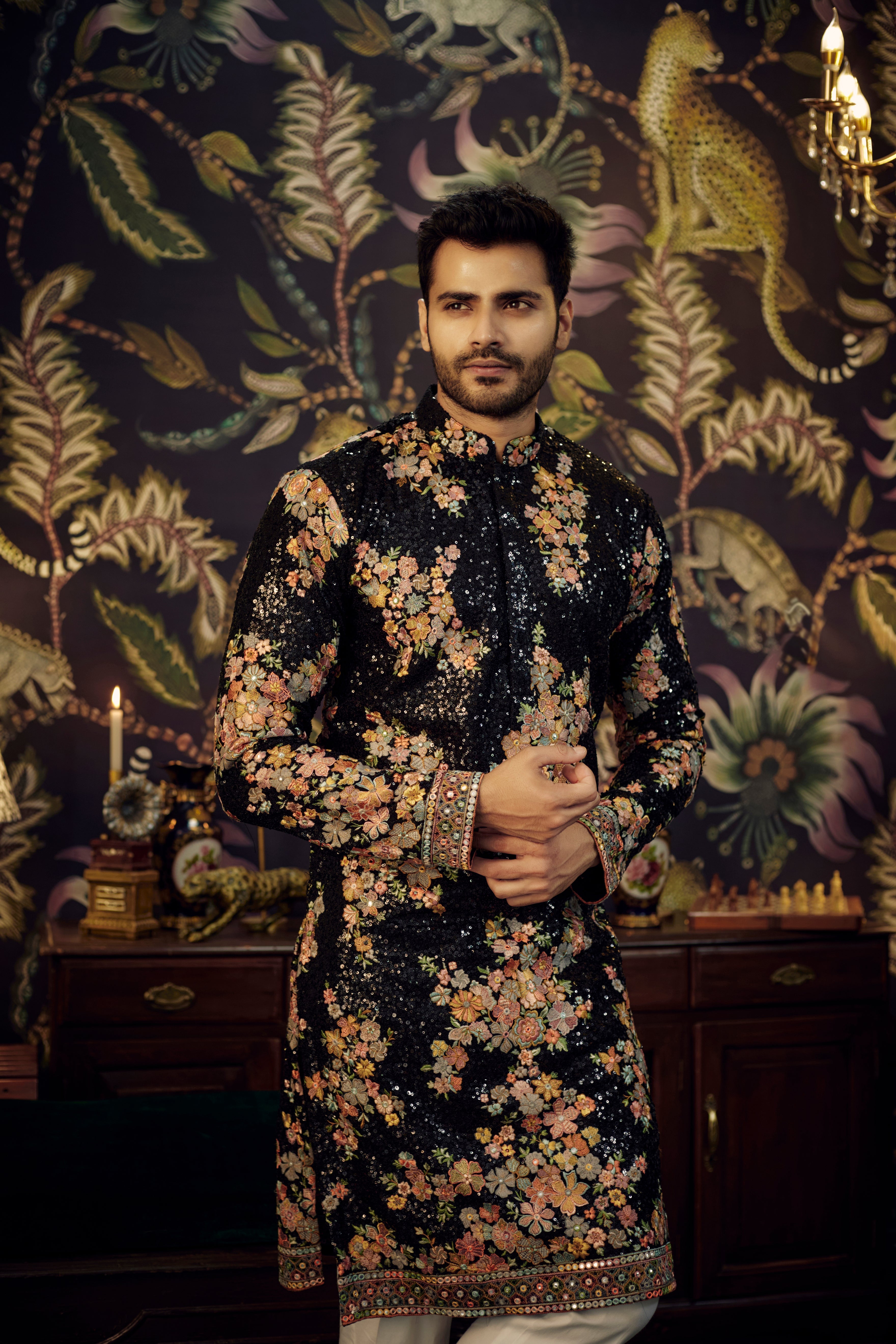 Black sequined kurta with intricate floral embroidery - kasbahmen