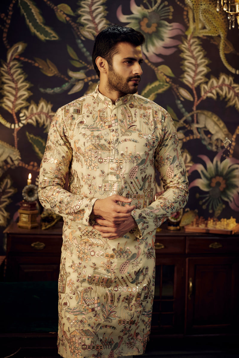 Cream chikankari kurta with intricate flora and fauna embroidery and multi-threadwork - kasbahmen