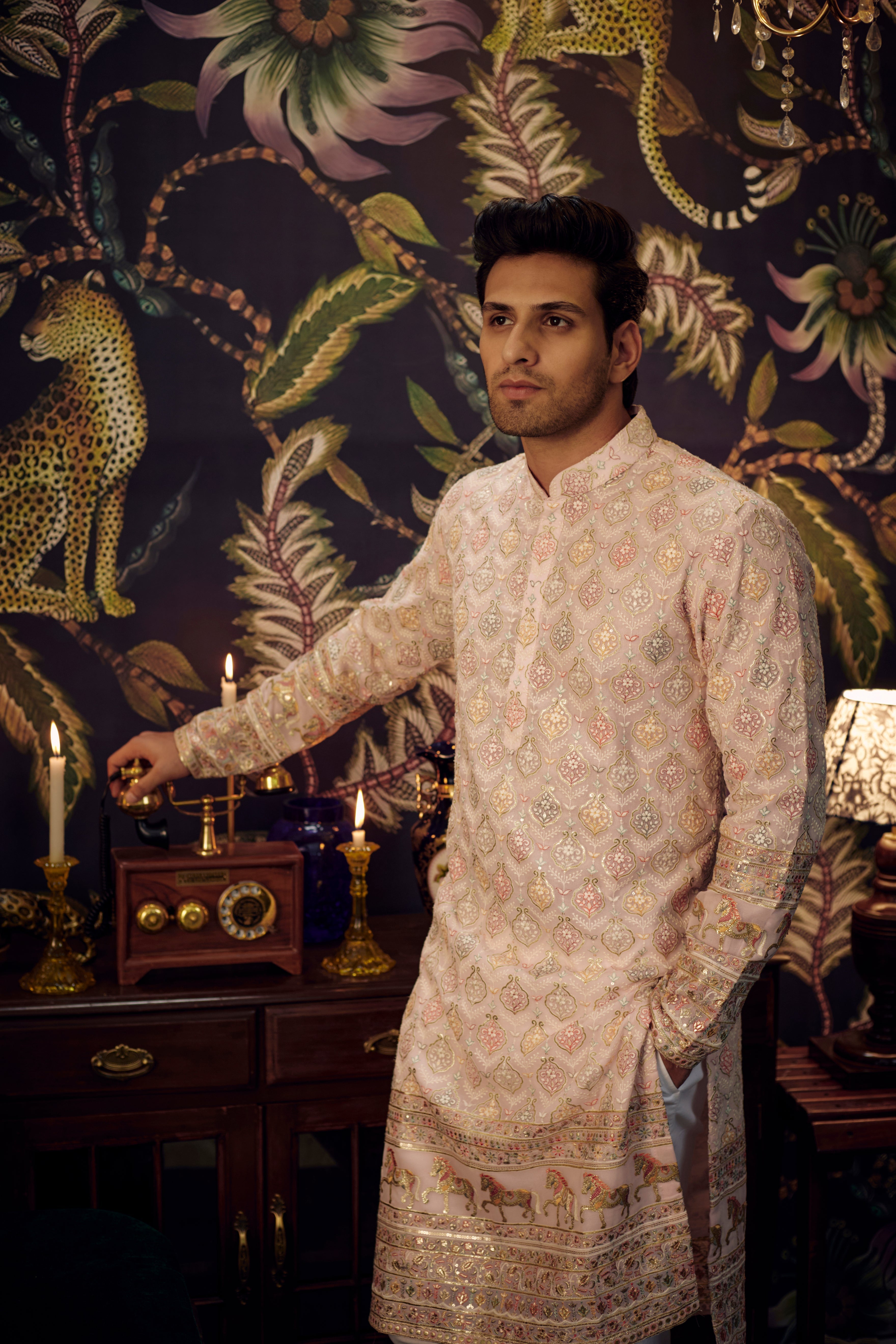 Pink multi embroidered kurta with intricately done horse figures - kasbahmen