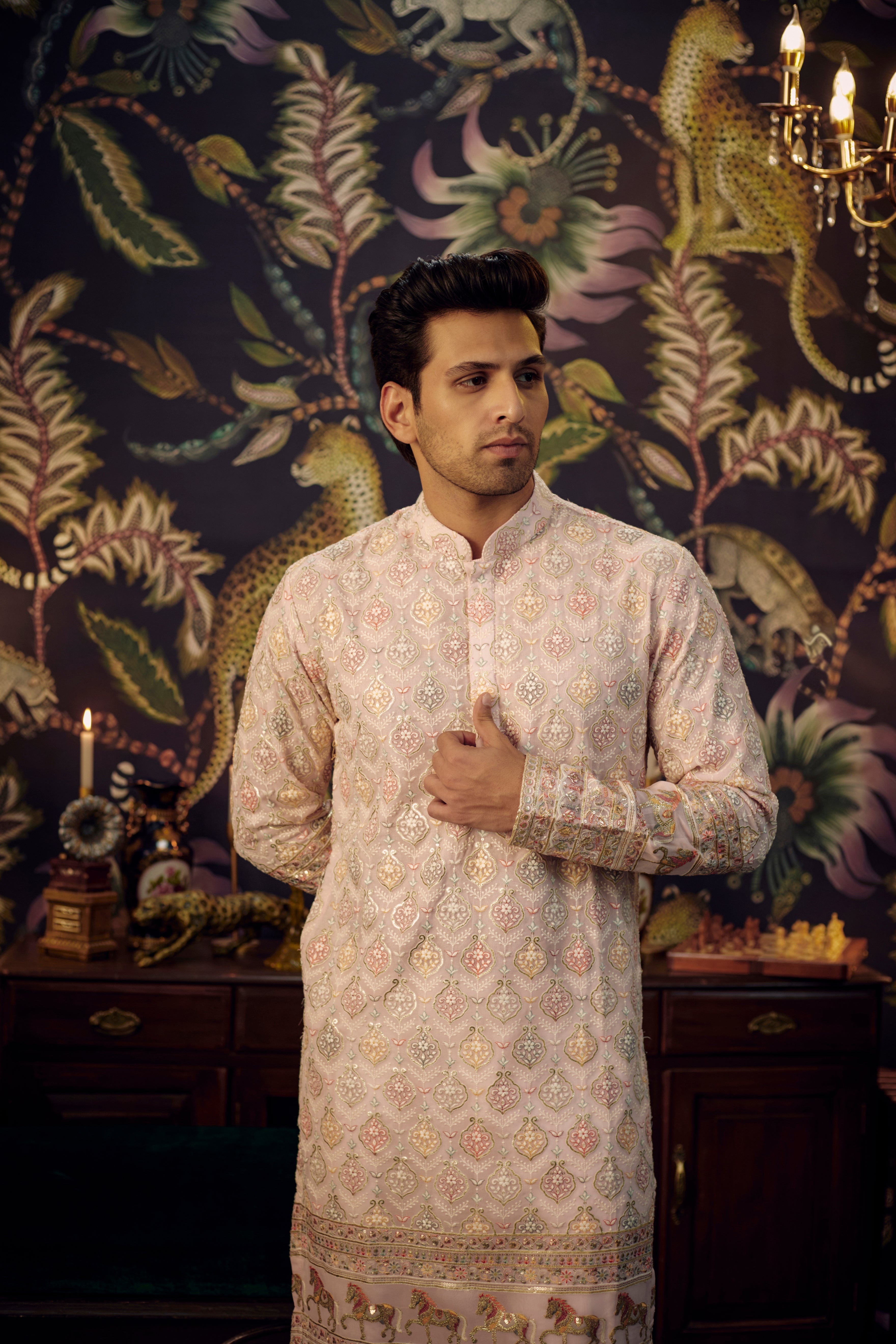 Pink multi embroidered kurta with intricately done horse figures - kasbahmen