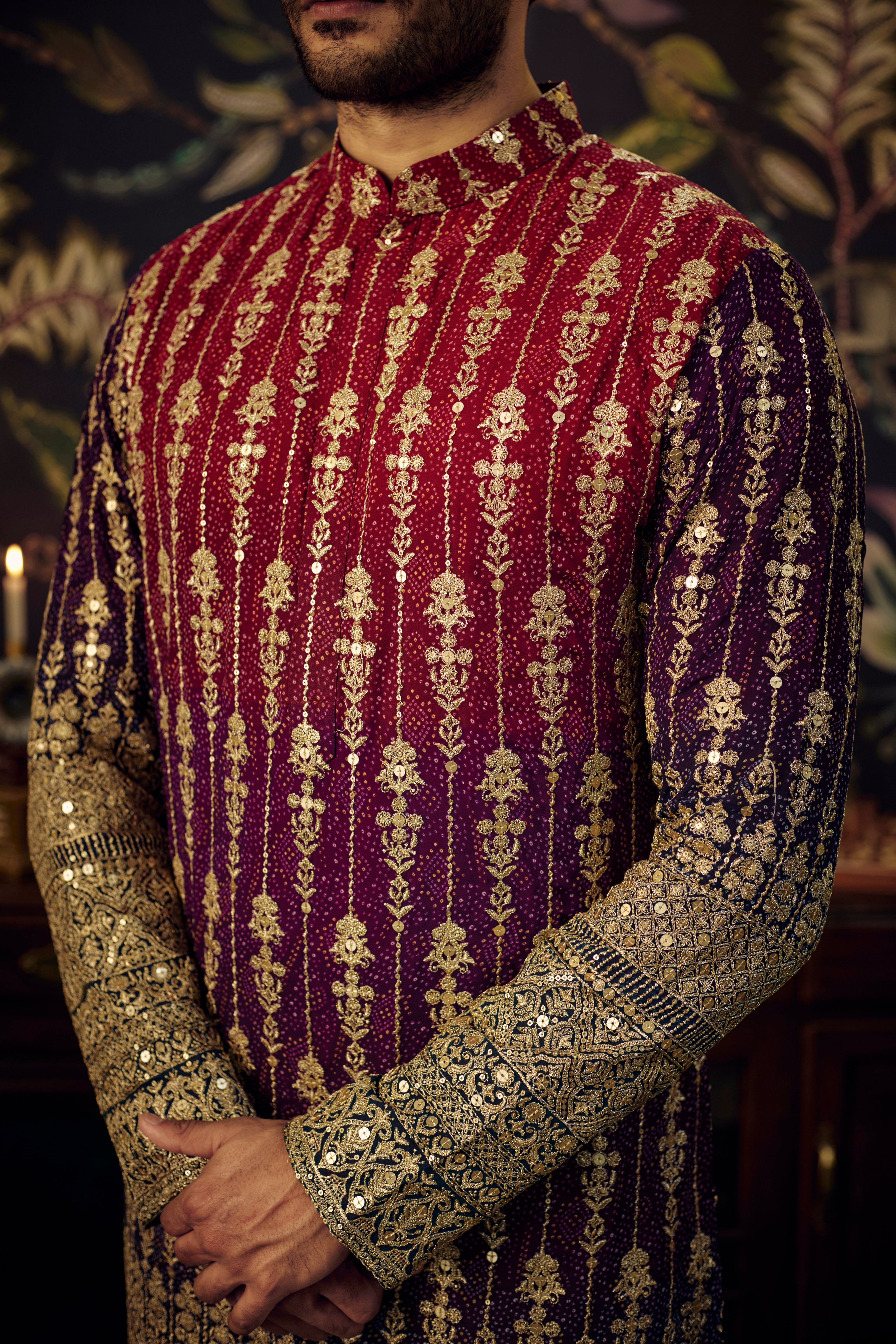 Maroon-Purple ombre graided kurta with intricate gota embroidery - kasbahmen