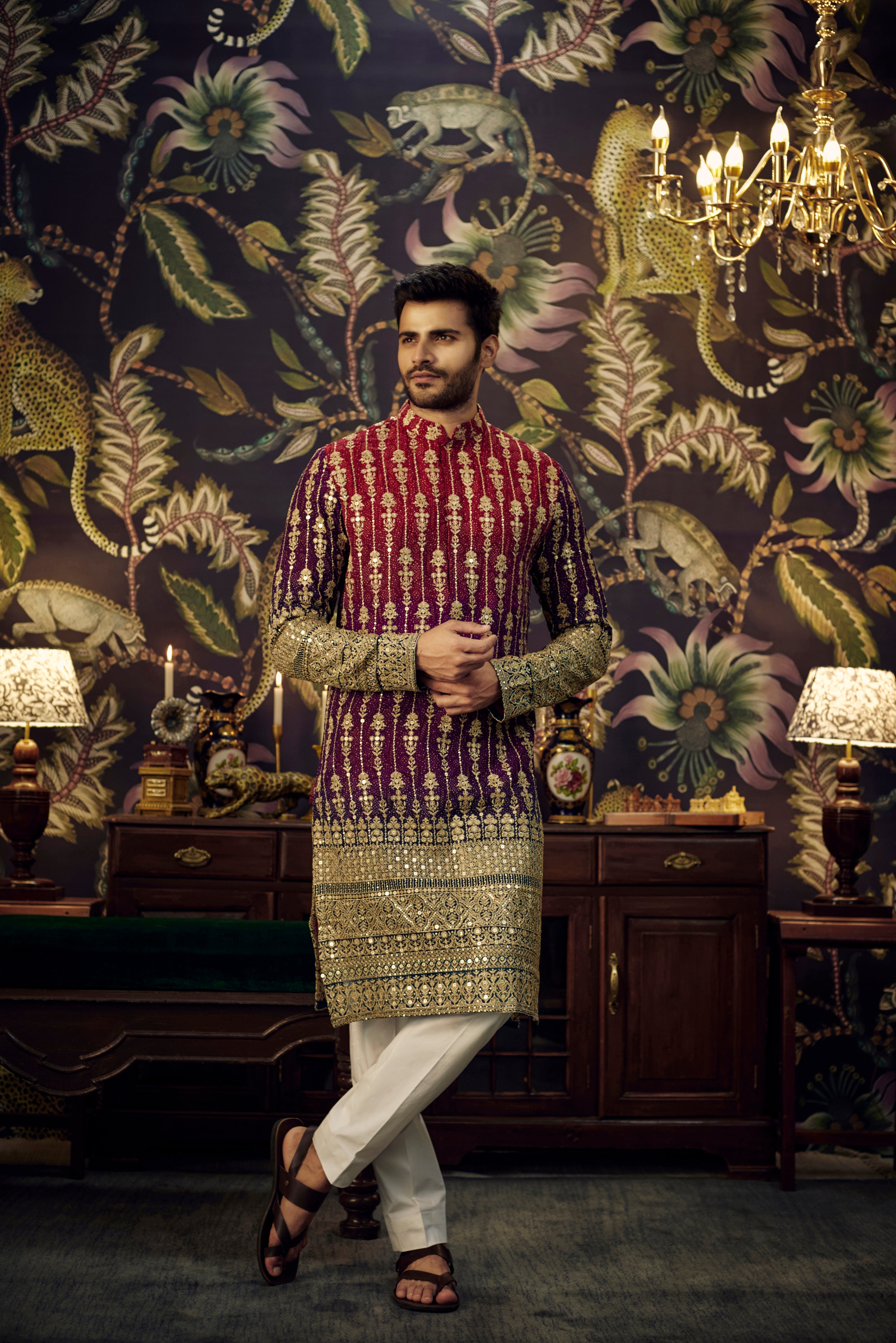 Maroon-Purple ombre graided kurta with intricate gota embroidery - kasbahmen