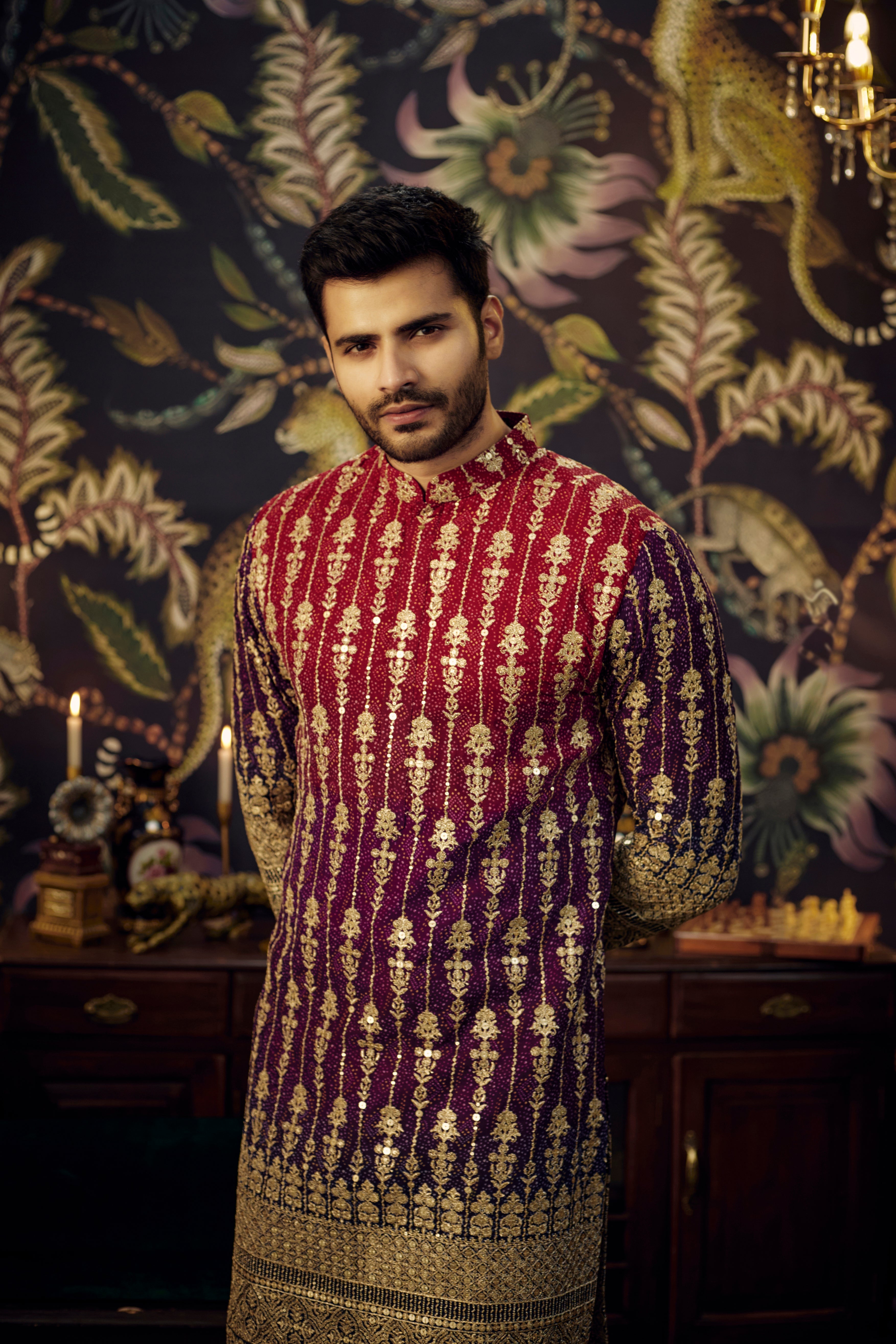 Maroon-Purple ombre graided kurta with intricate gota embroidery - kasbahmen