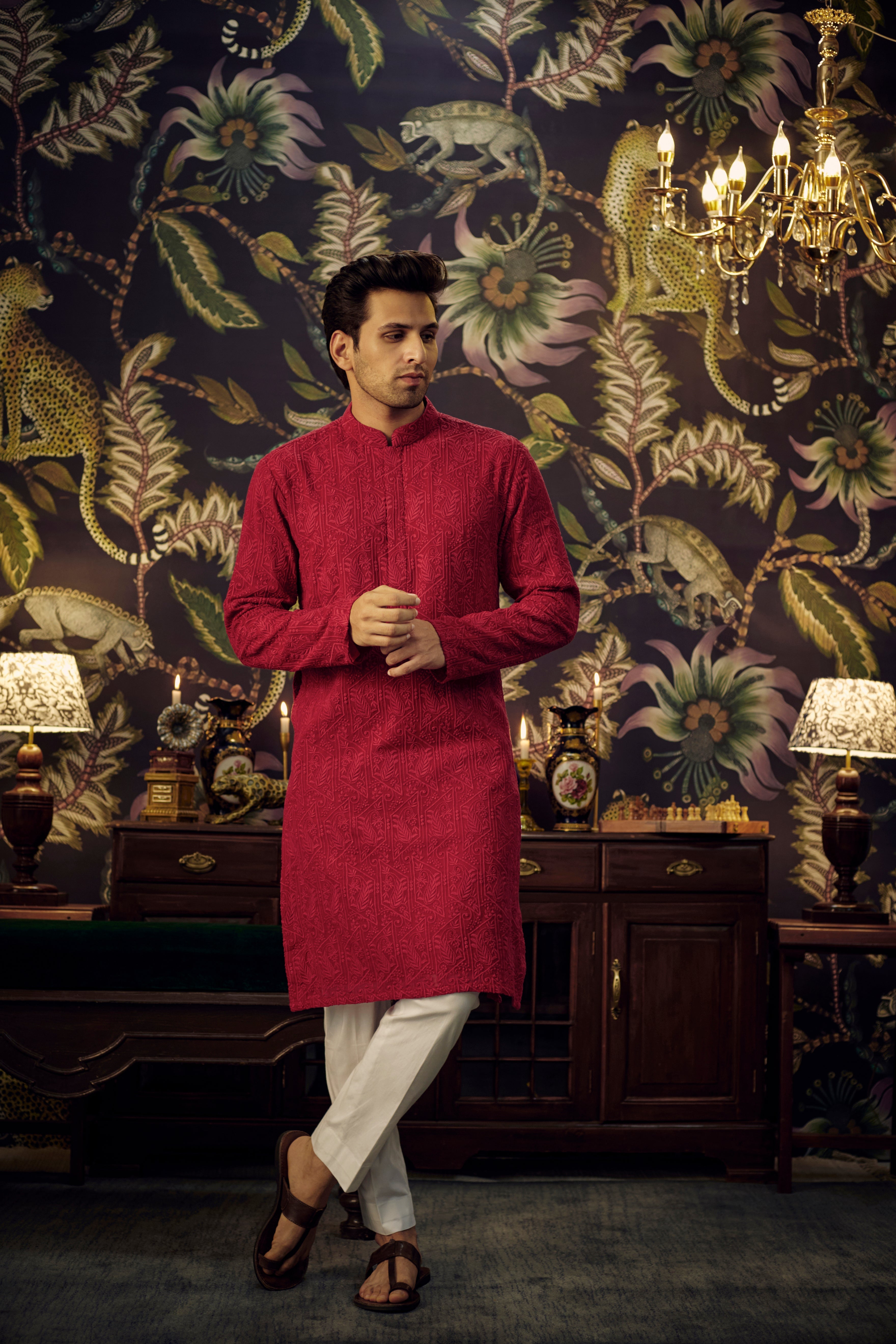 Red-maroon chikankari kurta with intricate paisley embroidery - kasbahmen