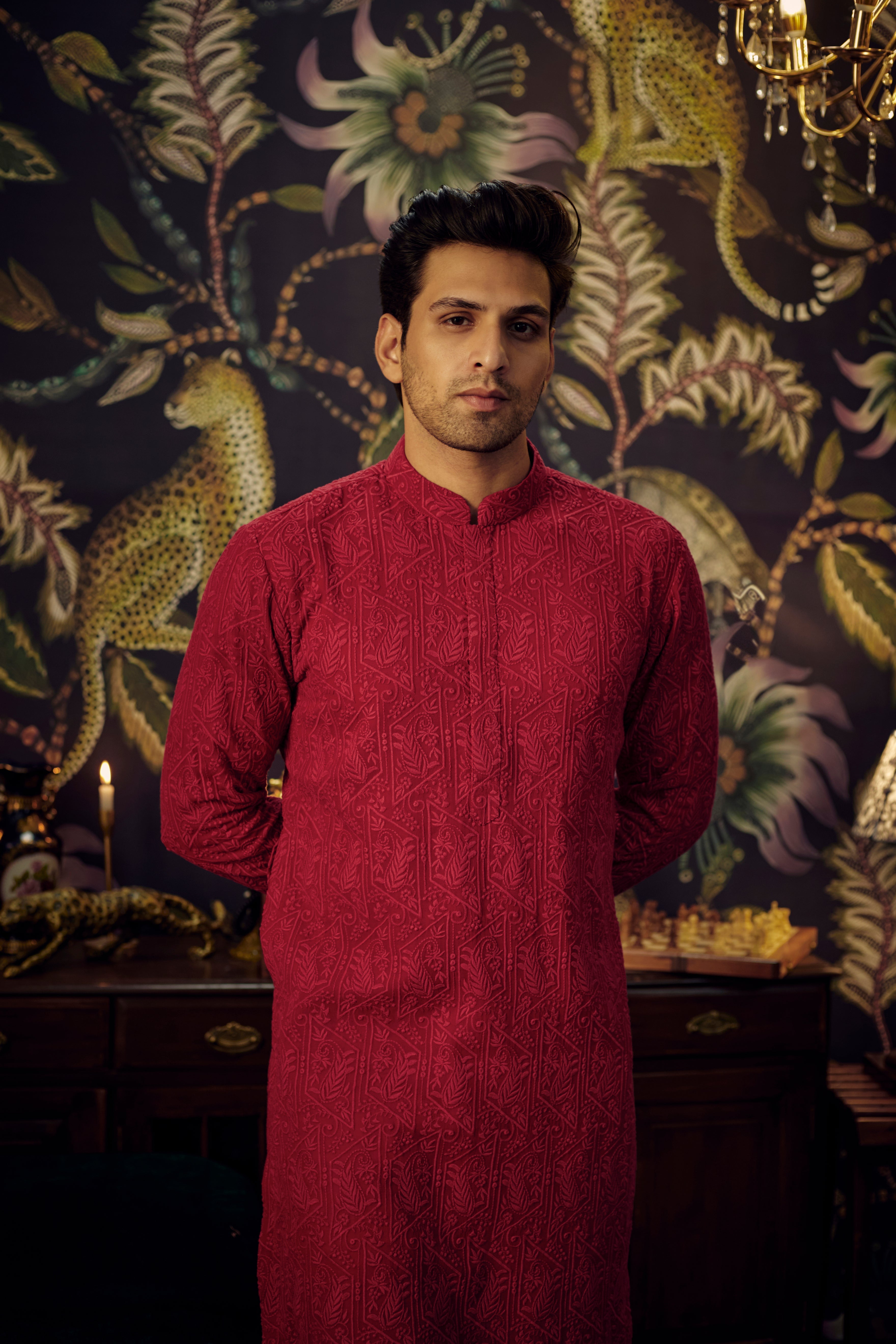 Red-maroon chikankari kurta with intricate paisley embroidery - kasbahmen