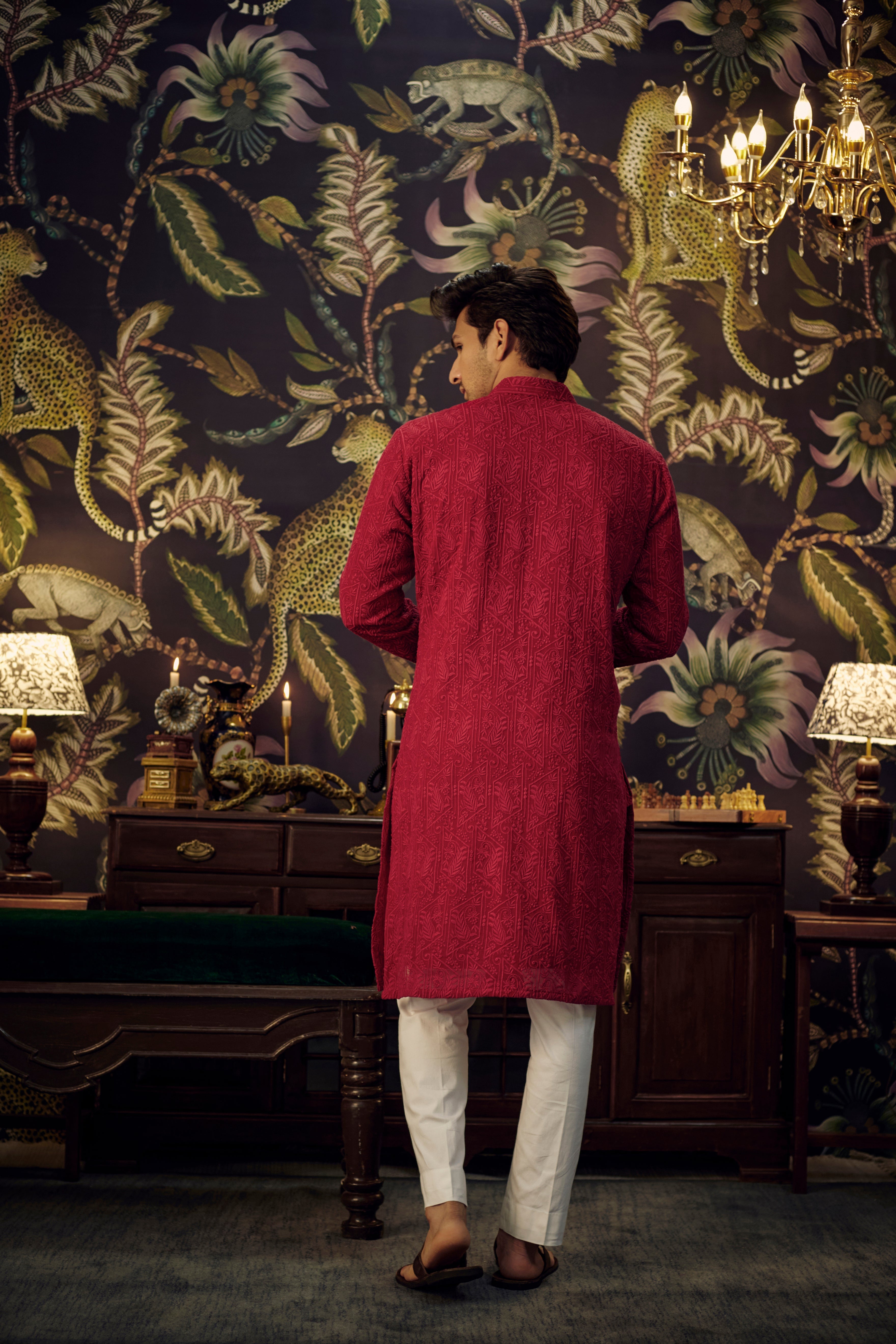 Red-maroon chikankari kurta with intricate paisley embroidery - kasbahmen