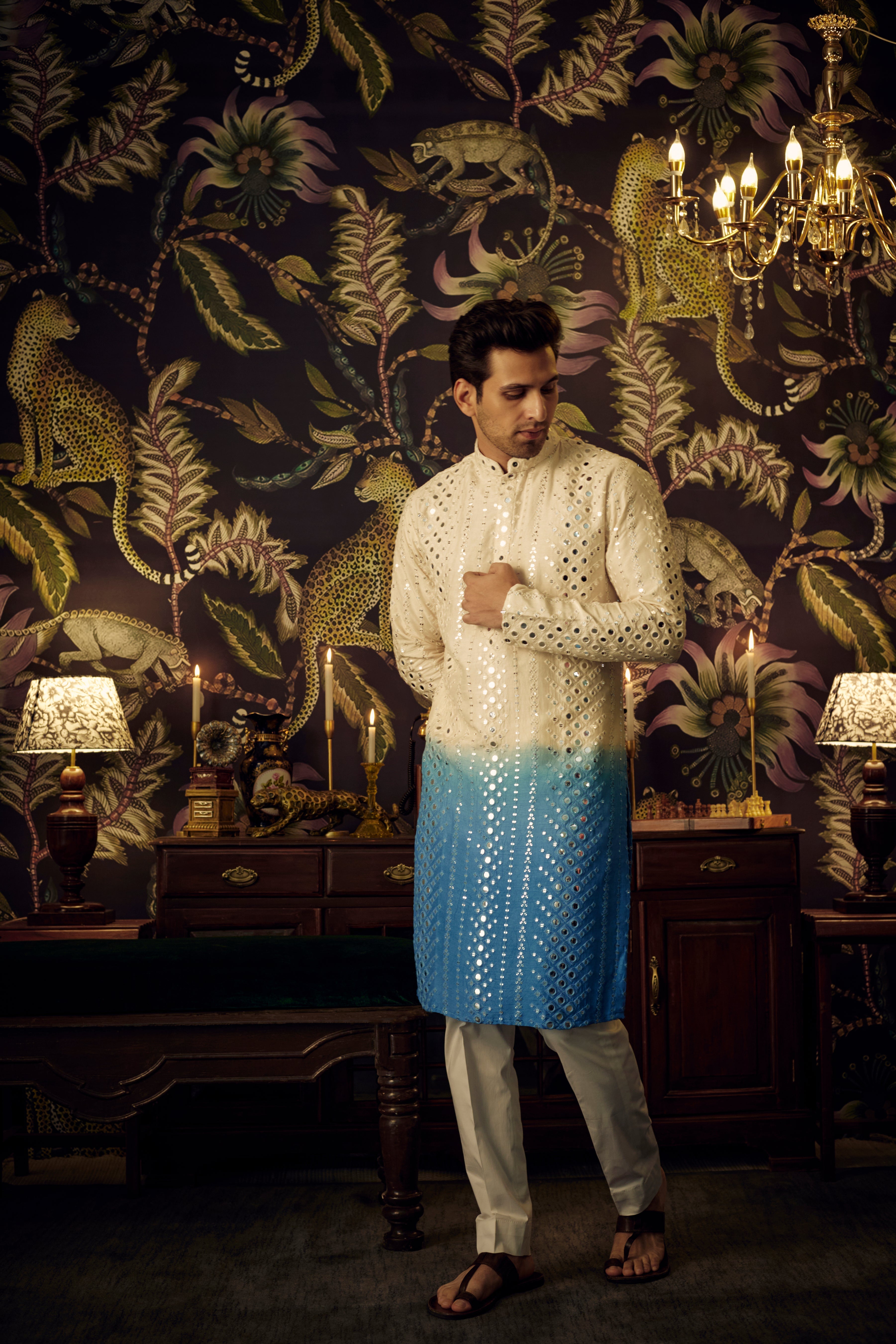 Cream-Blue Ombre Mirror-work Kurta - kasbahmen