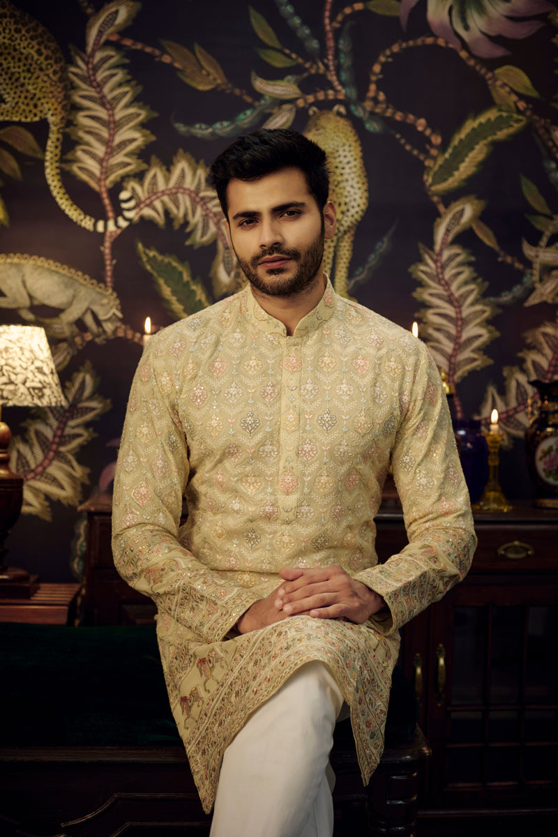 Cream multi embroidered kurta with intricately done horse figures - kasbahmen