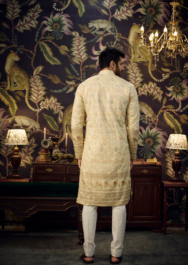 Cream multi embroidered kurta with intricately done horse figures - kasbahmen