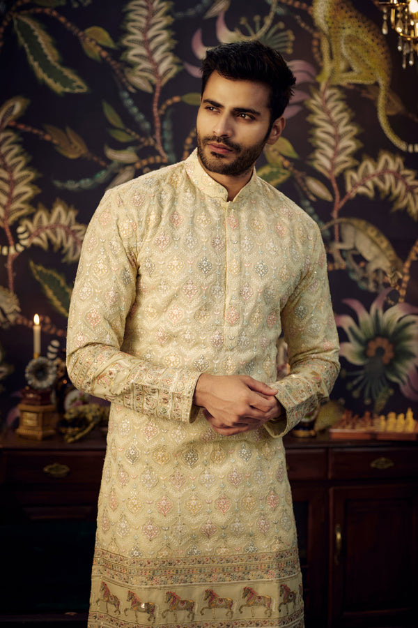 Cream multi embroidered kurta with intricately done horse figures