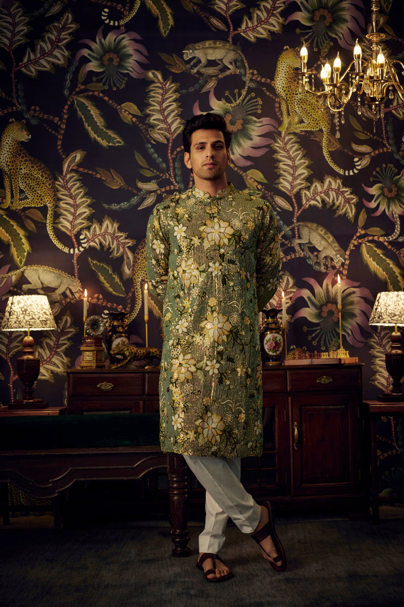 Green Floral sequined kurta - kasbahmen