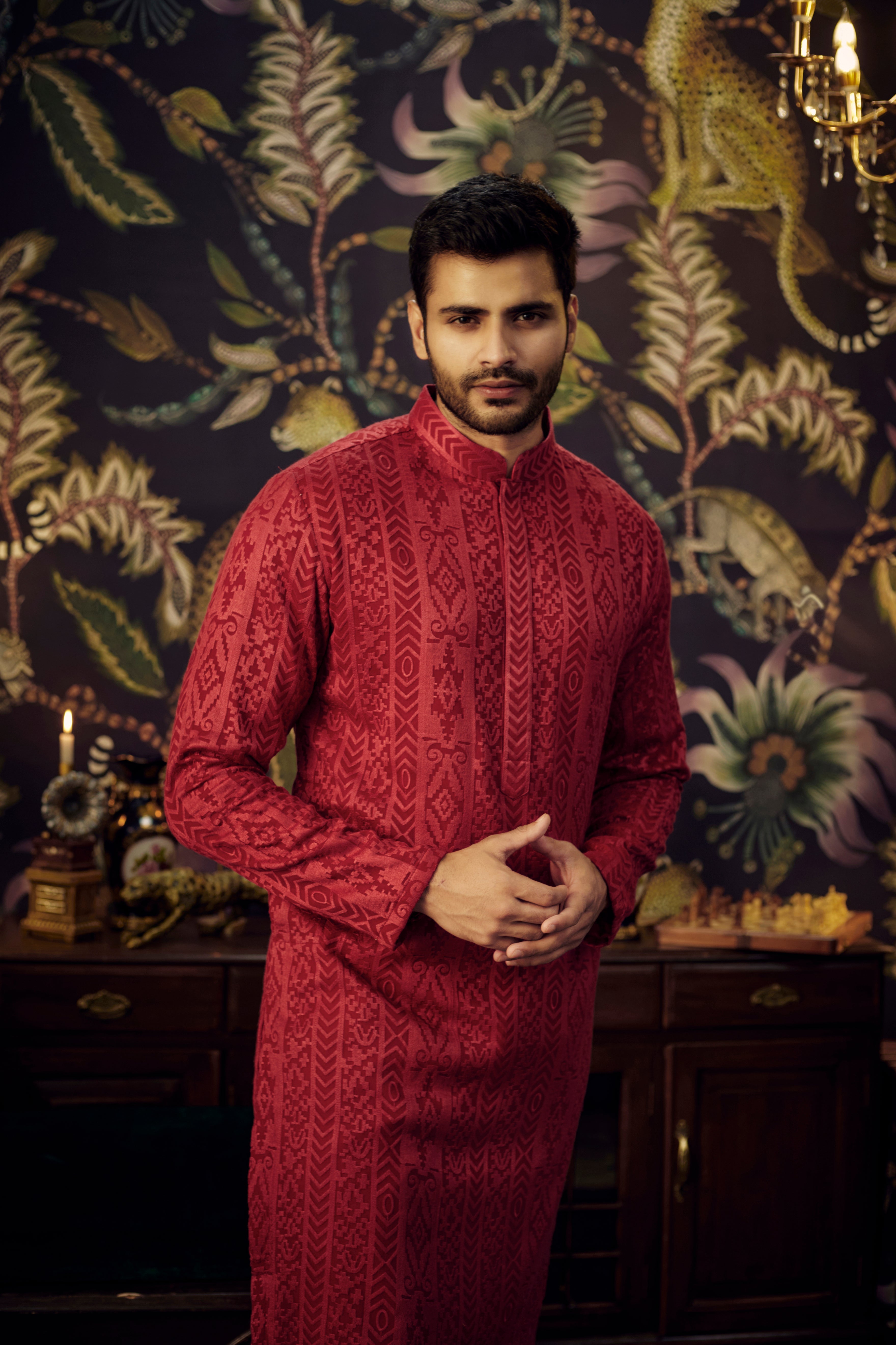 Deep red-maroon Chikankari Kurta - kasbahmen