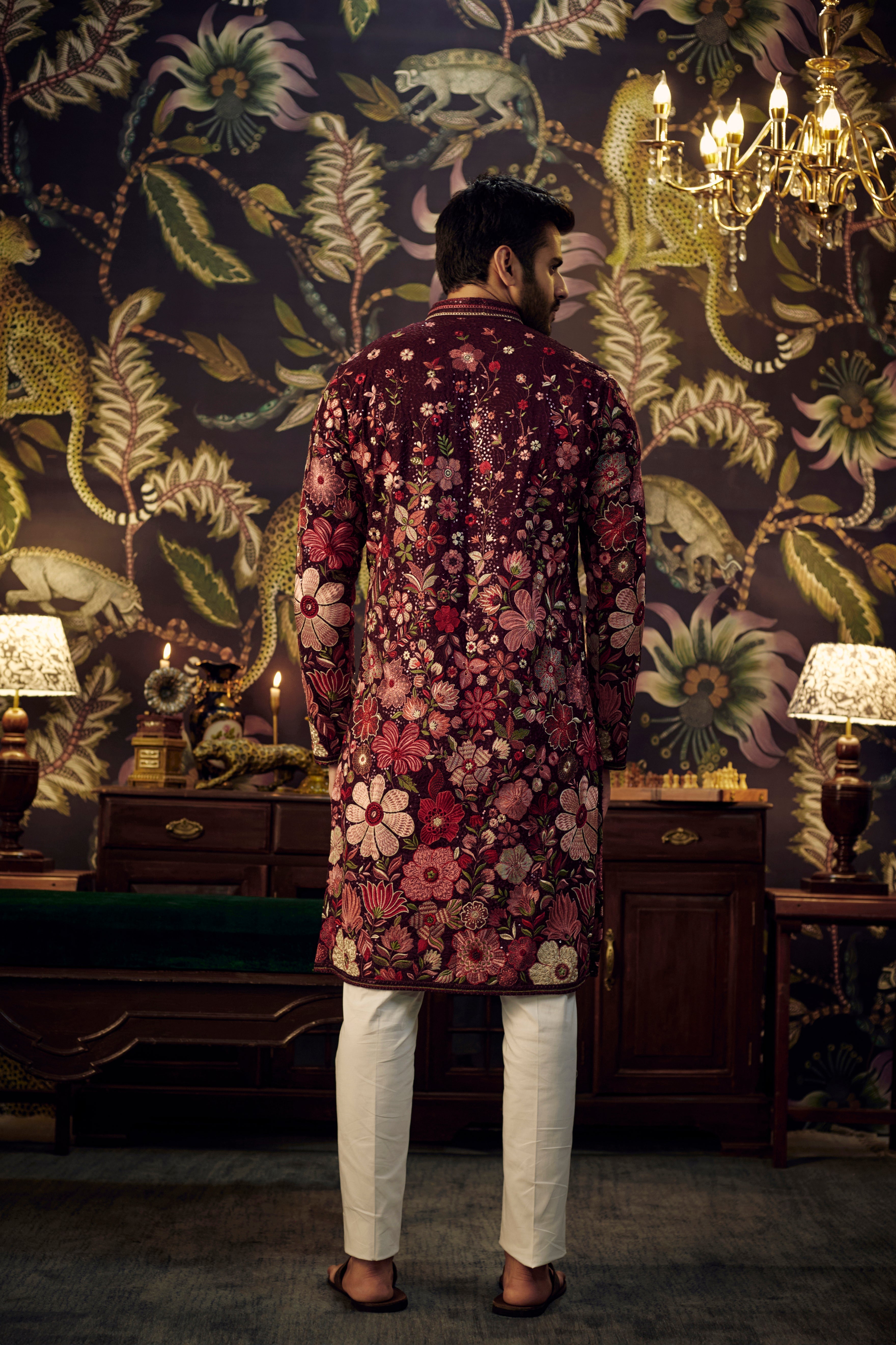 Wine heavy embroidered floral kurta. - kasbahmen