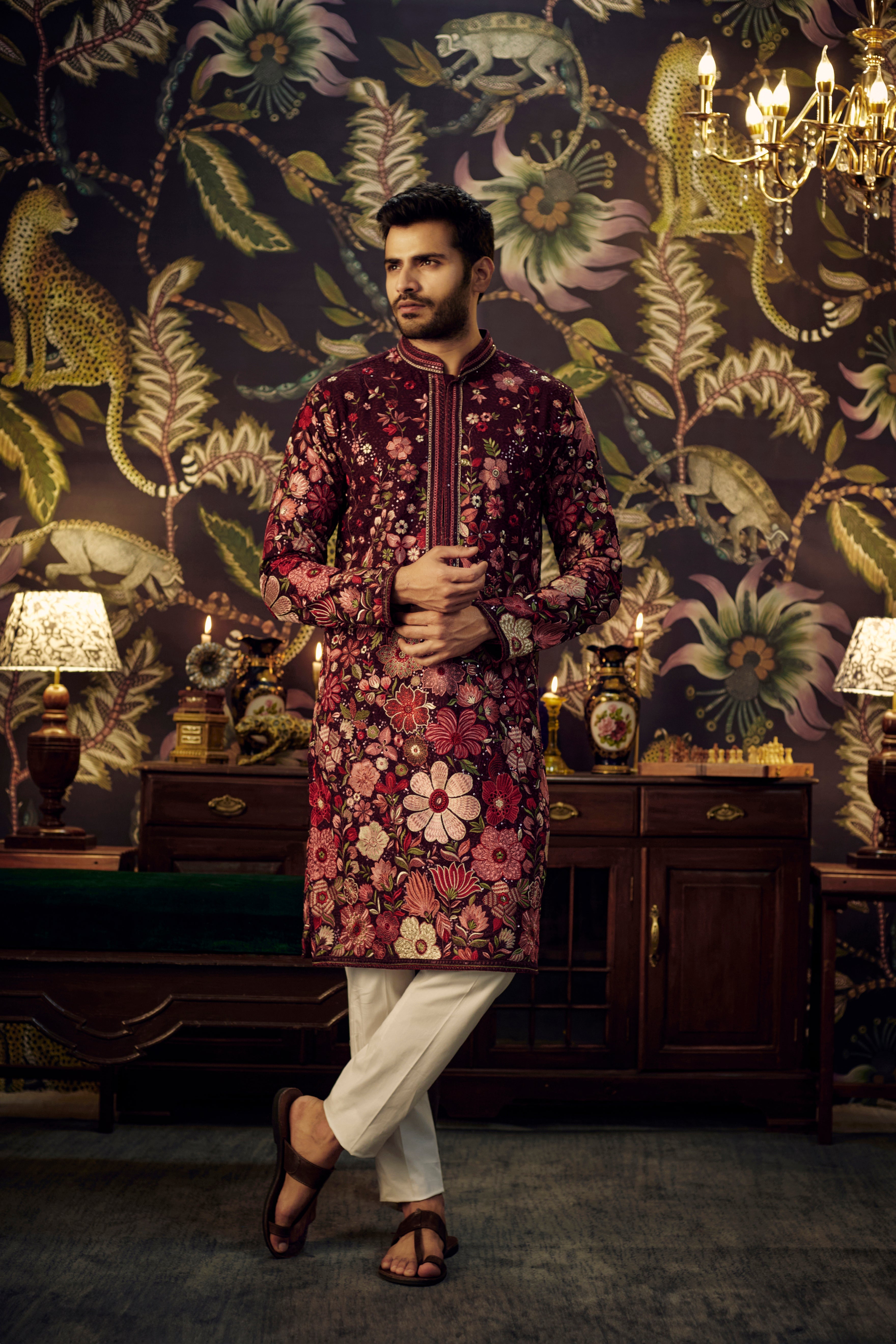 Wine heavy embroidered floral kurta. - kasbahmen