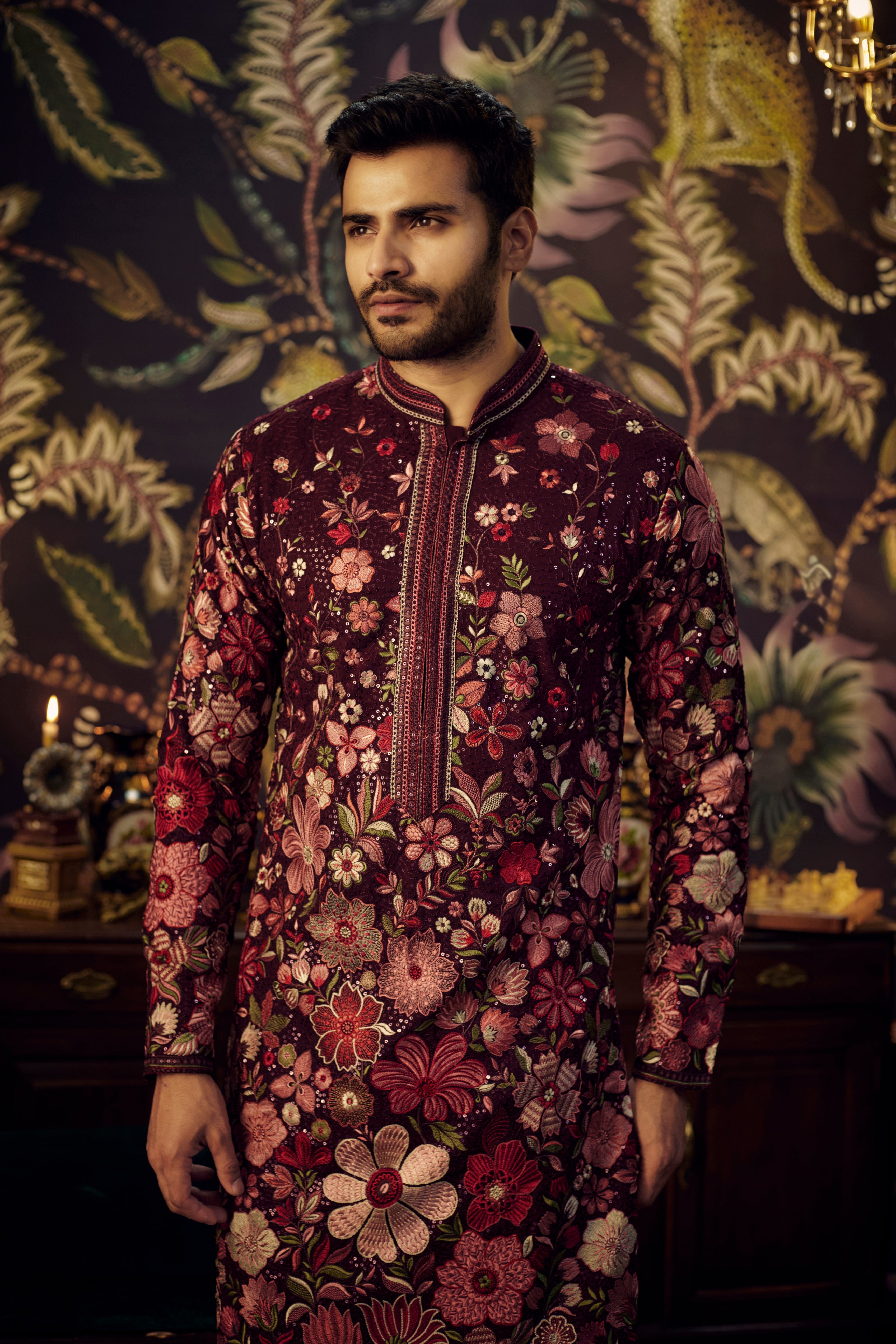 Wine heavy embroidered floral kurta. - kasbahmen