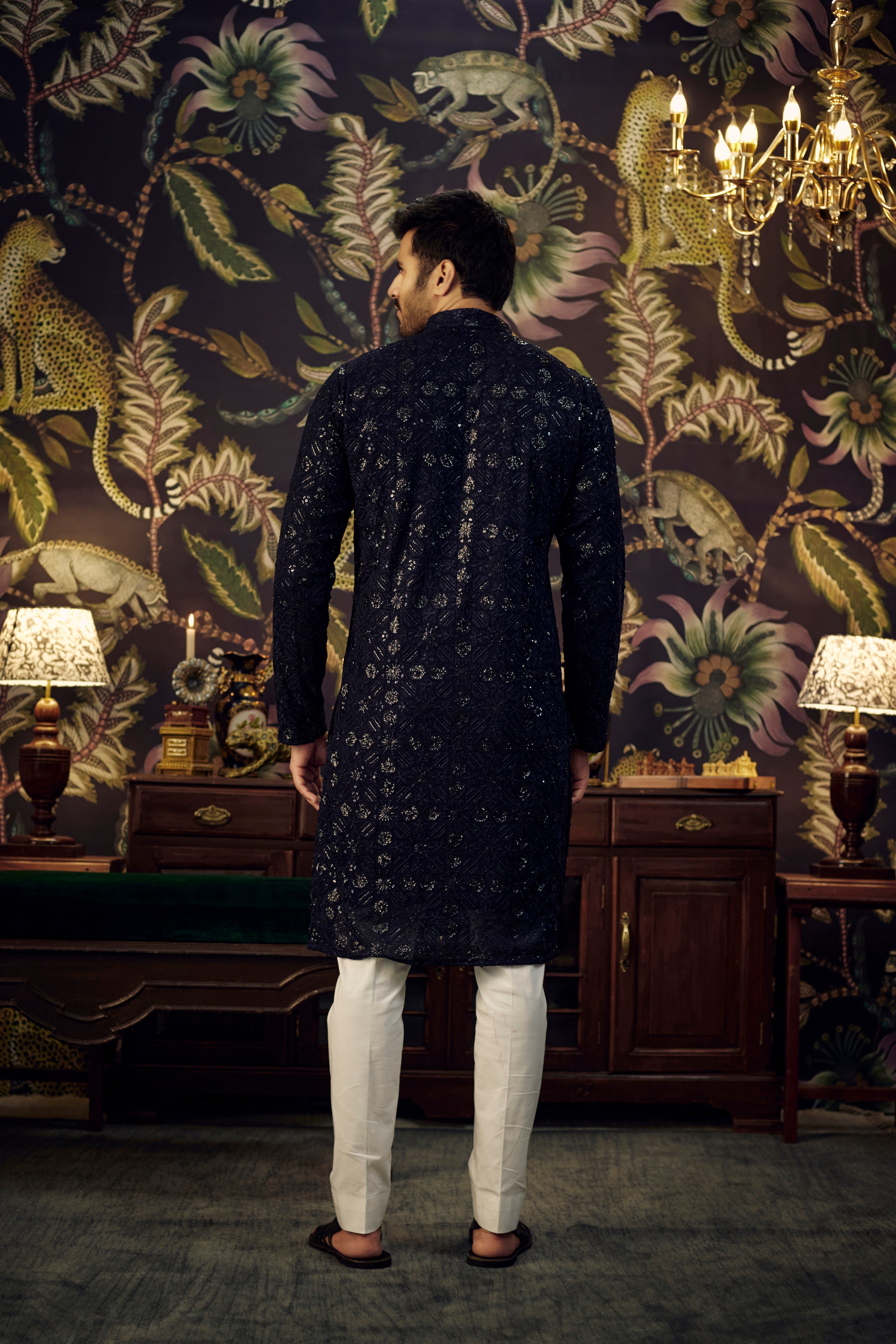 Midnight Blue geometrically embroidered kurta with heavy sequins - kasbahmen