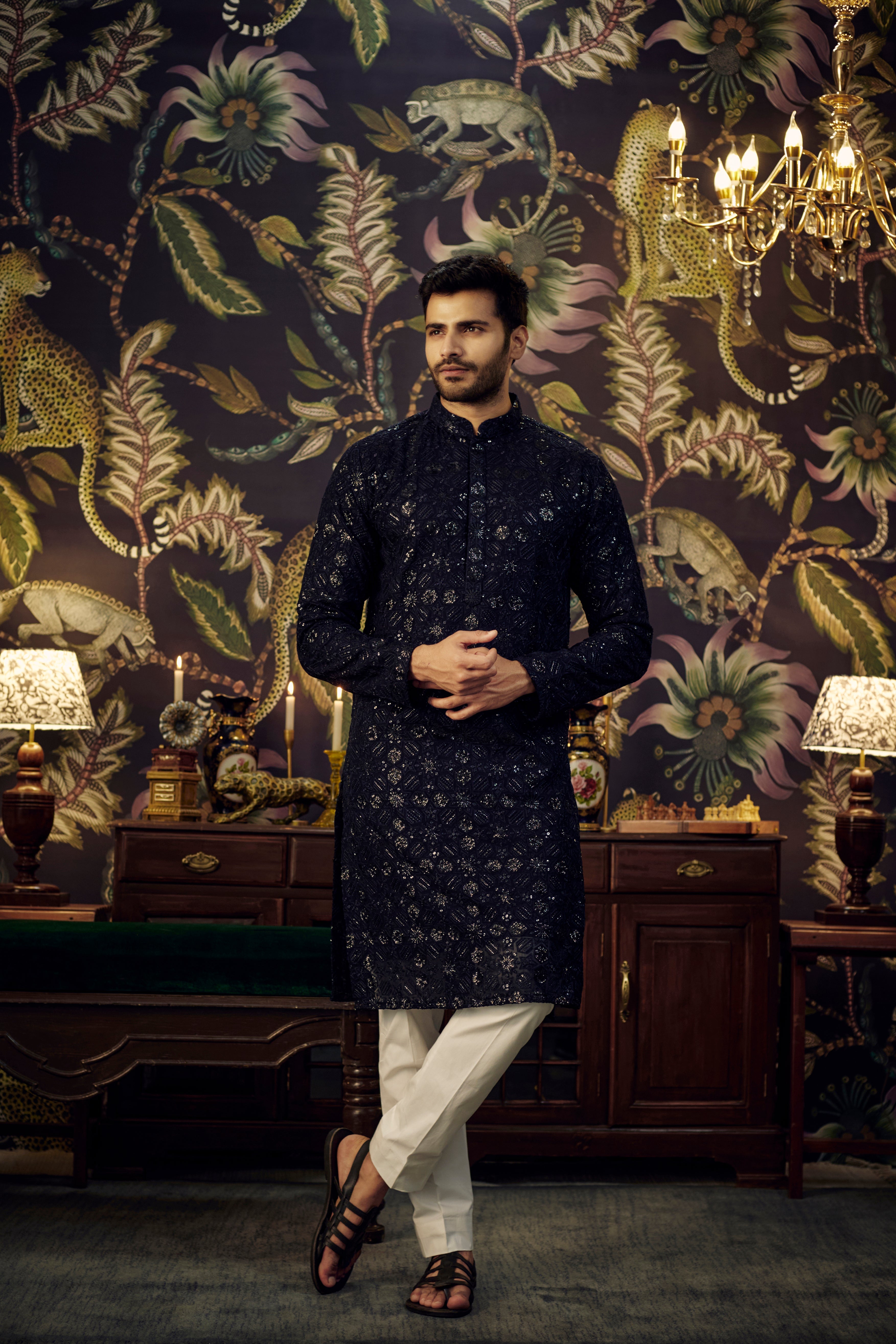 Midnight Blue geometrically embroidered kurta with heavy sequins - kasbahmen