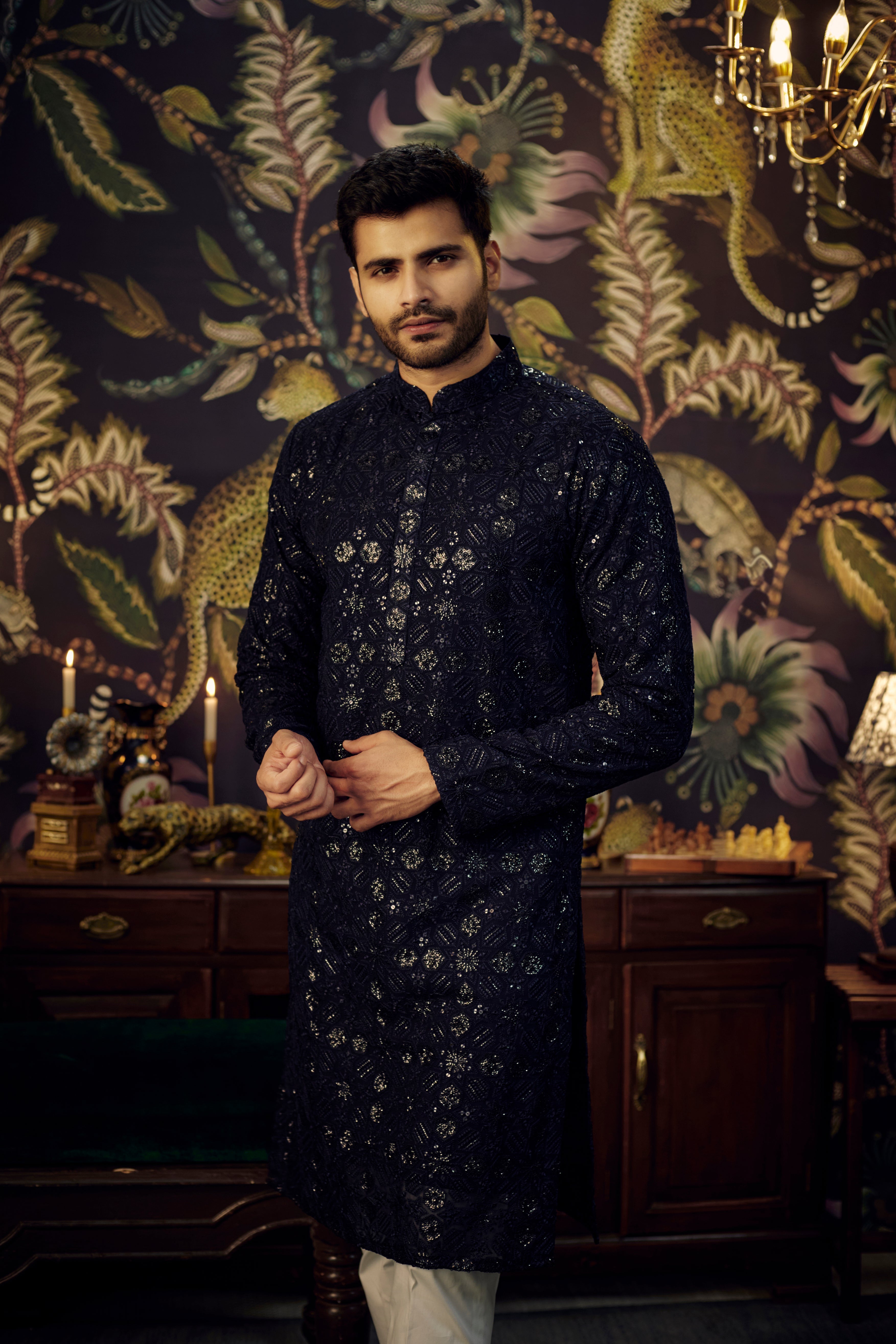 Midnight Blue geometrically embroidered kurta with heavy sequins - kasbahmen