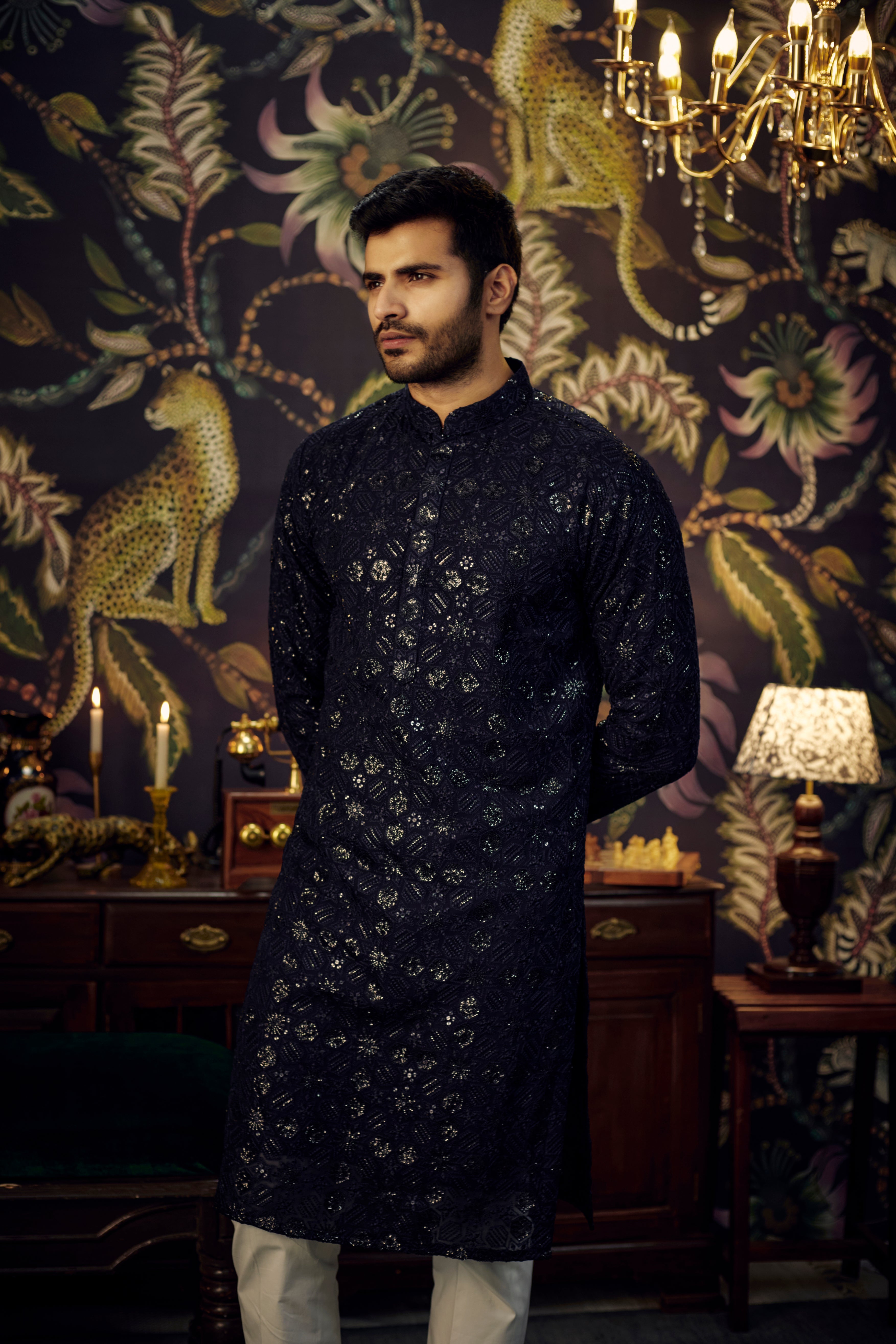 Midnight Blue geometrically embroidered kurta with heavy sequins - kasbahmen