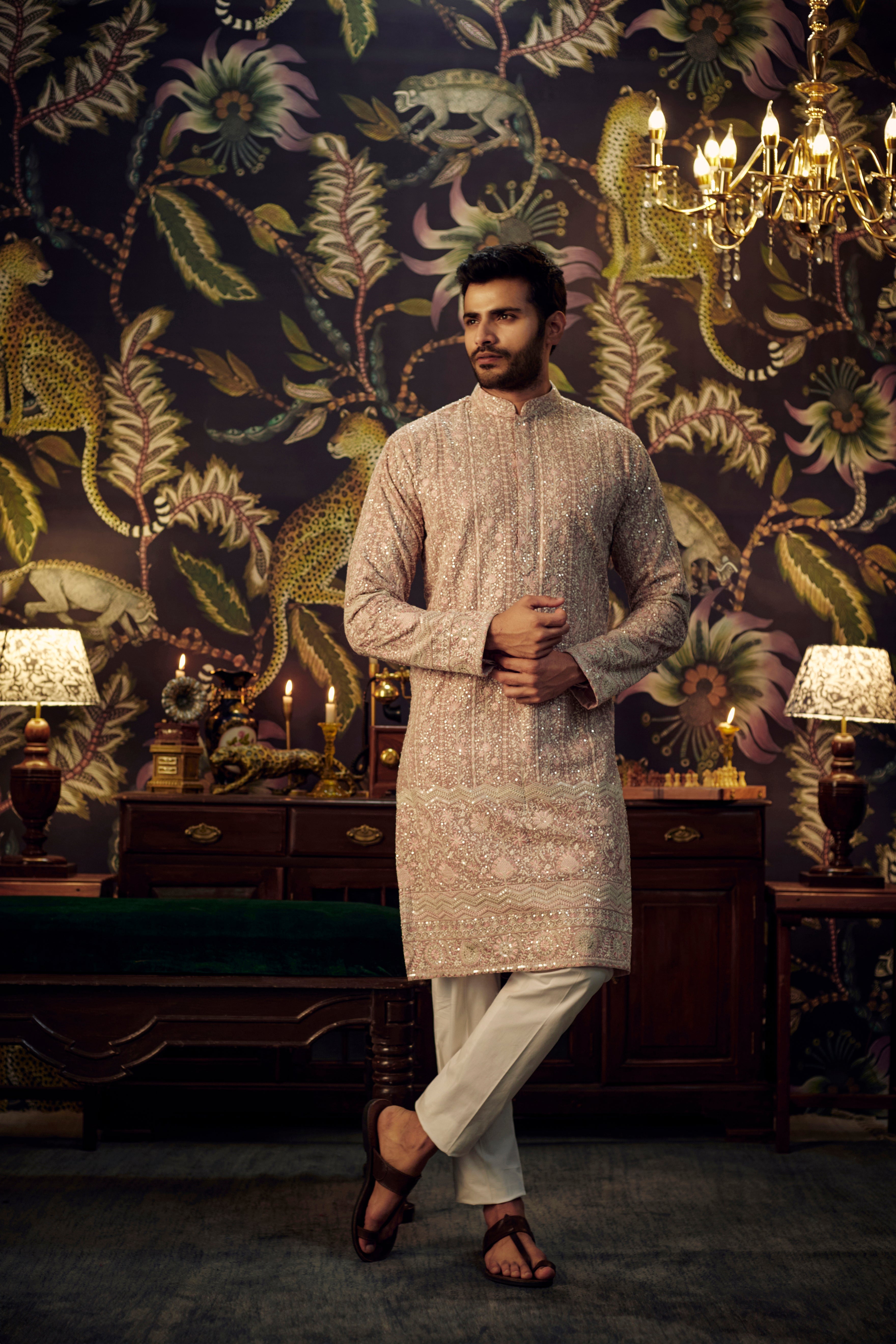 Mud Pink Chikankari kurta with intricate floral embroidery - kasbahmen