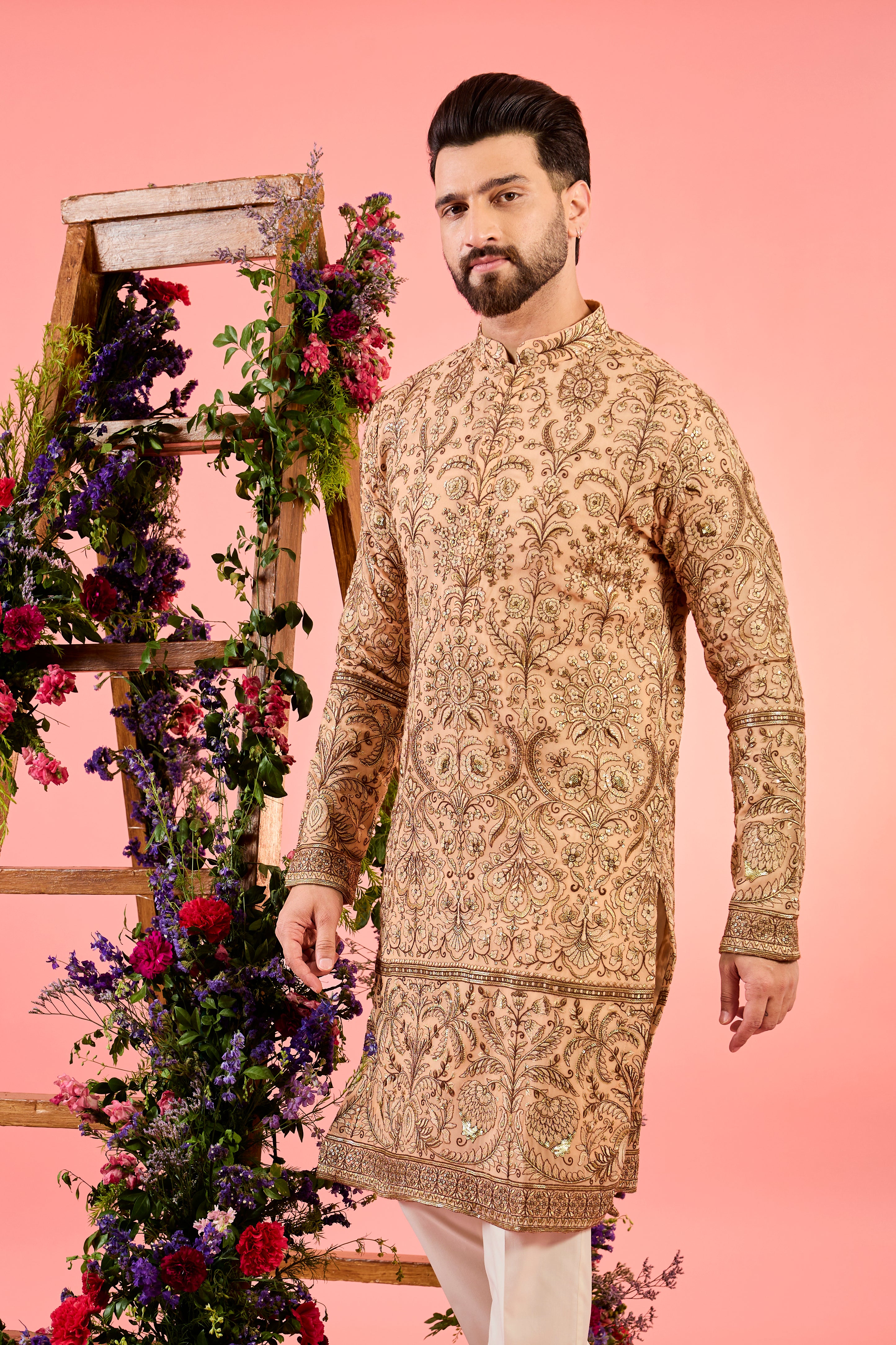 peach chinkari kurta with intricate floral zari embroidery