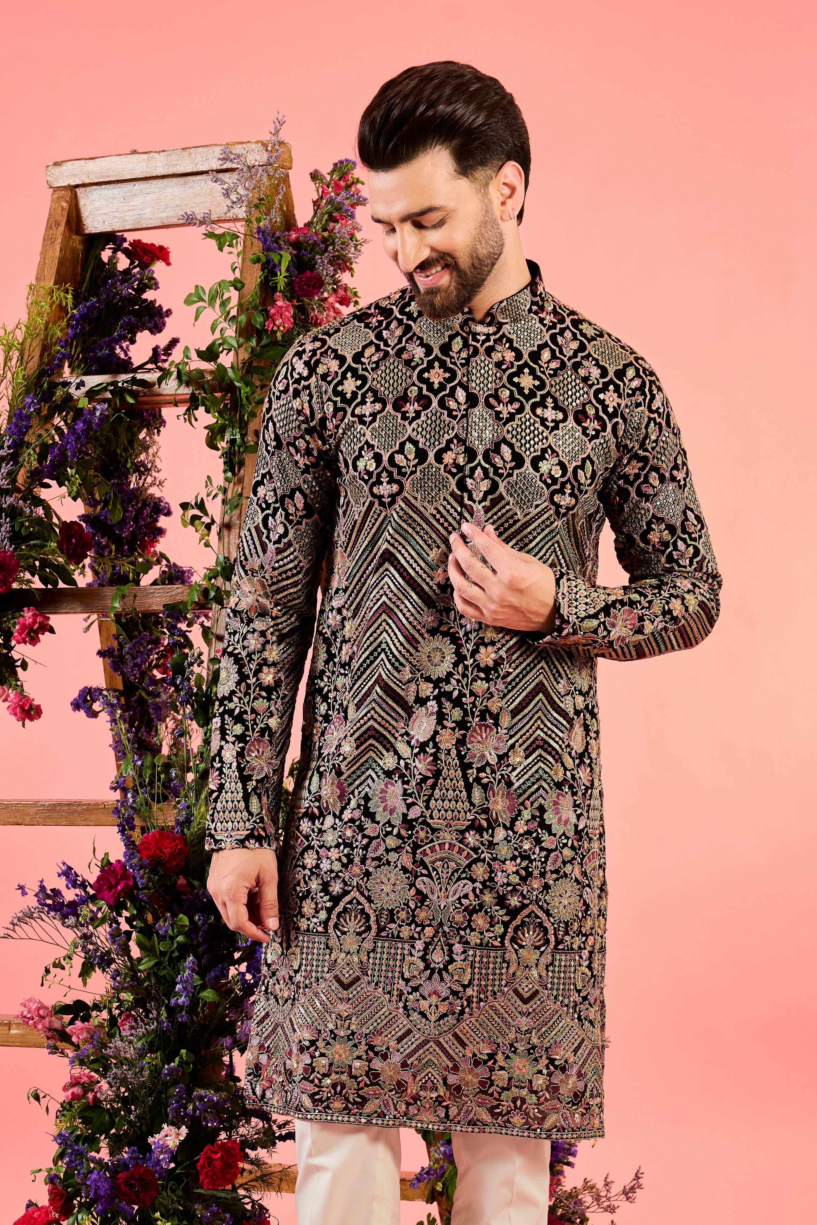 The royal heritage - midnight black kurta with sequin and detailed abstract floral embroidery