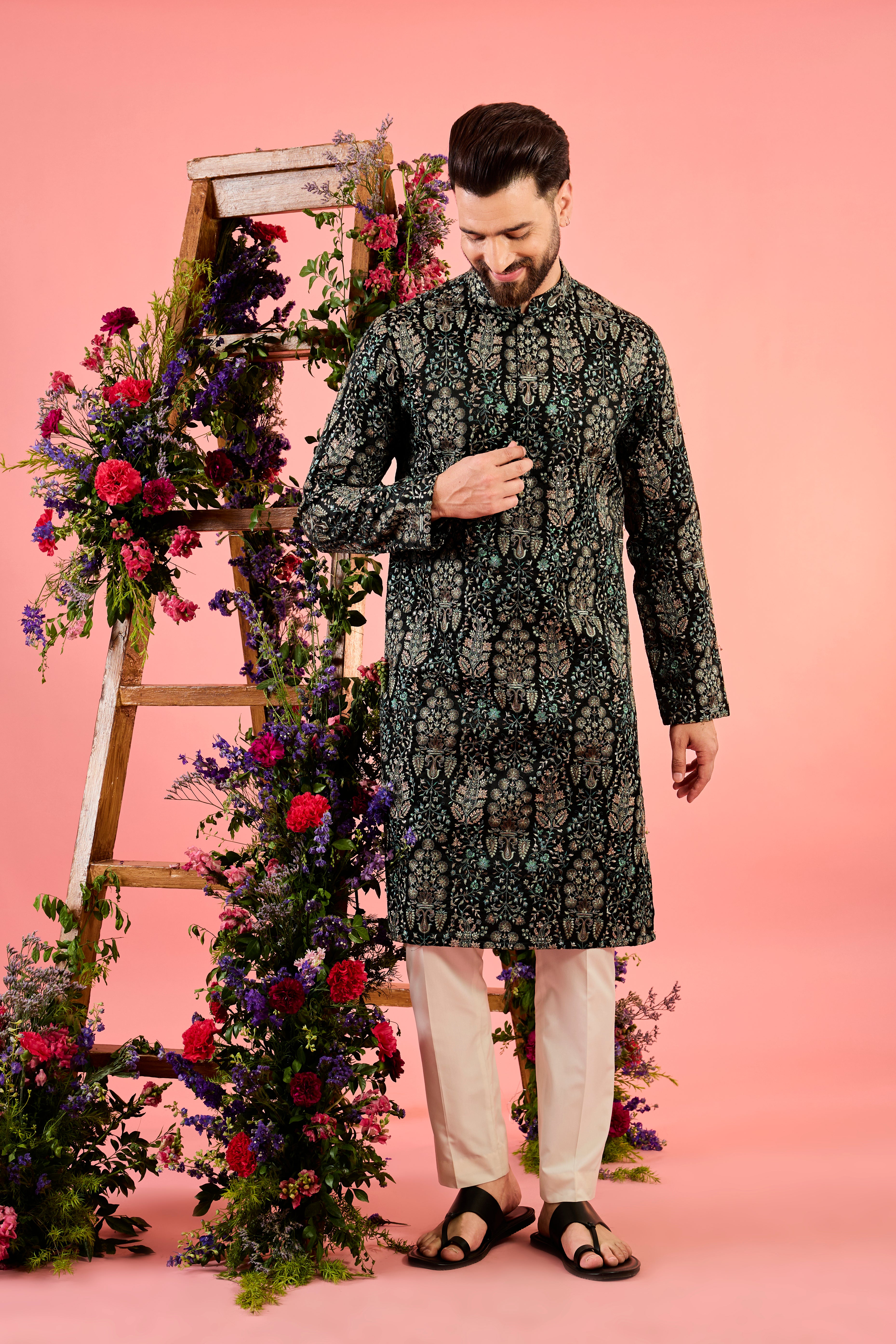 black chikankari kurta with delicate floral thread work