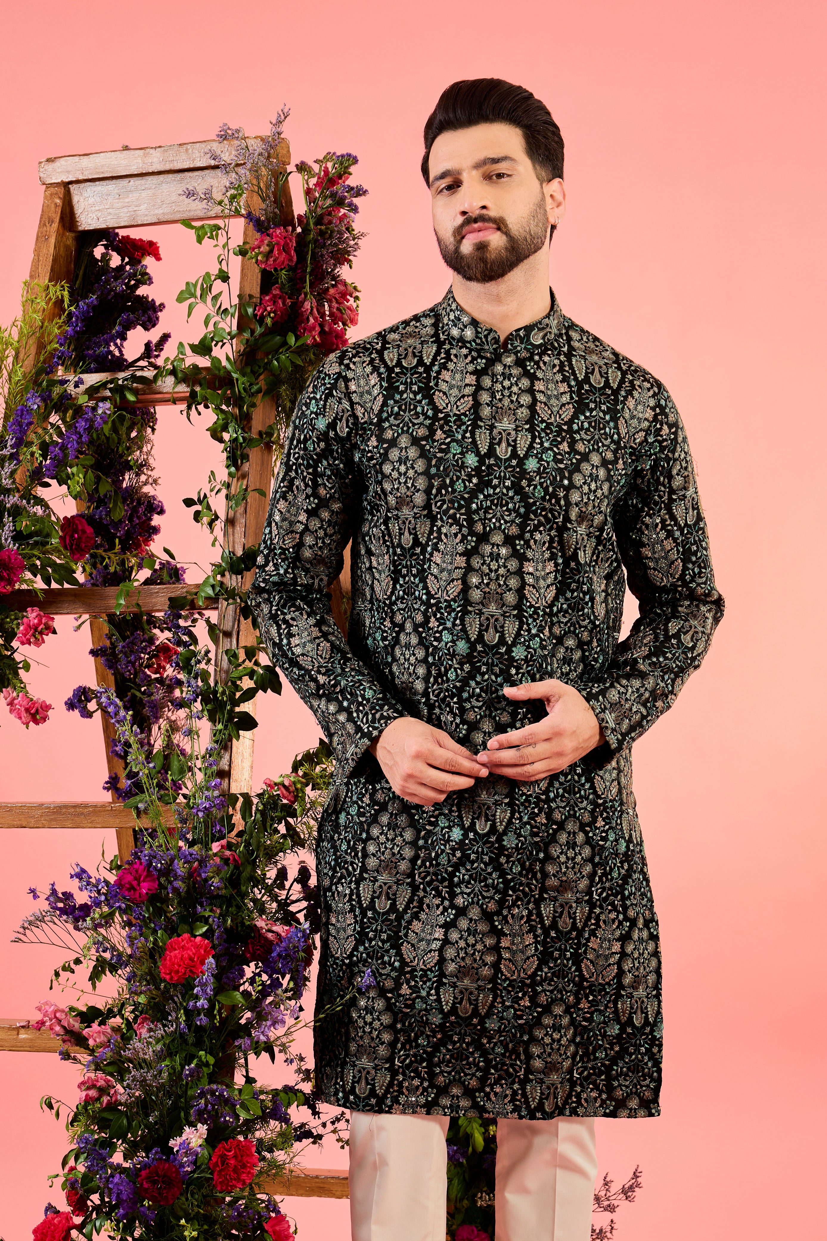 black chikankari kurta with delicate floral thread work