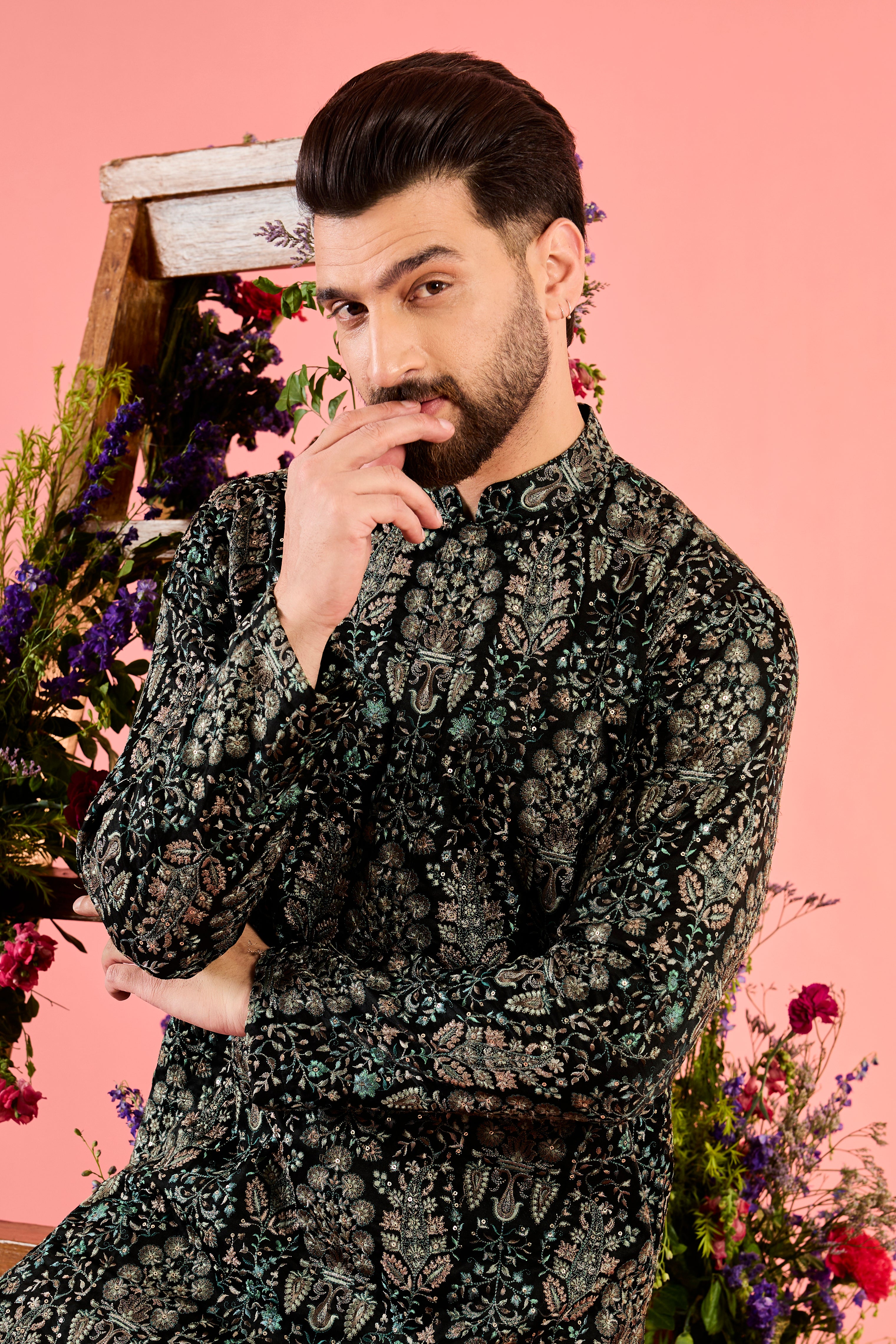 black chikankari kurta with delicate floral thread work