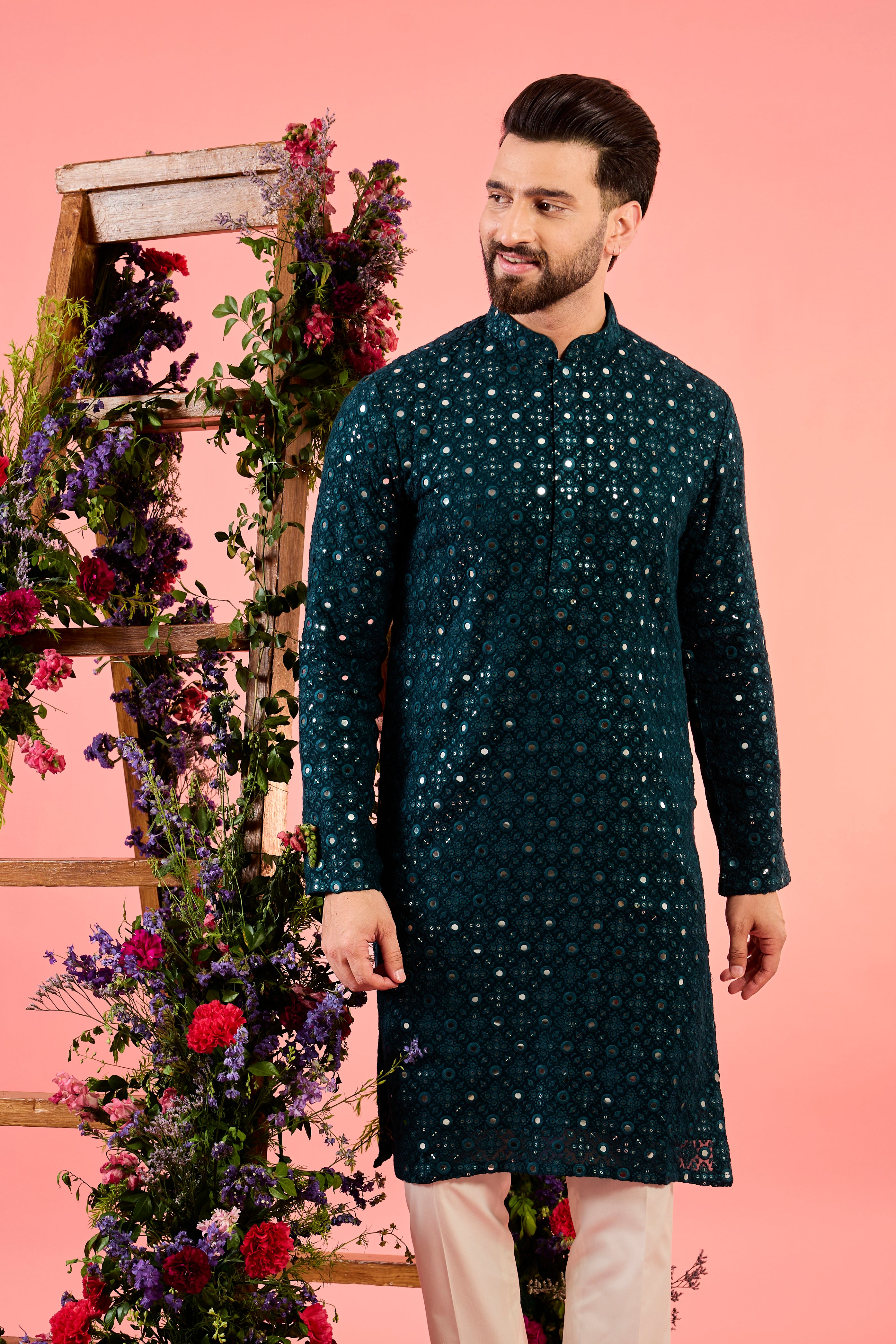 classic teal mirror work kurta