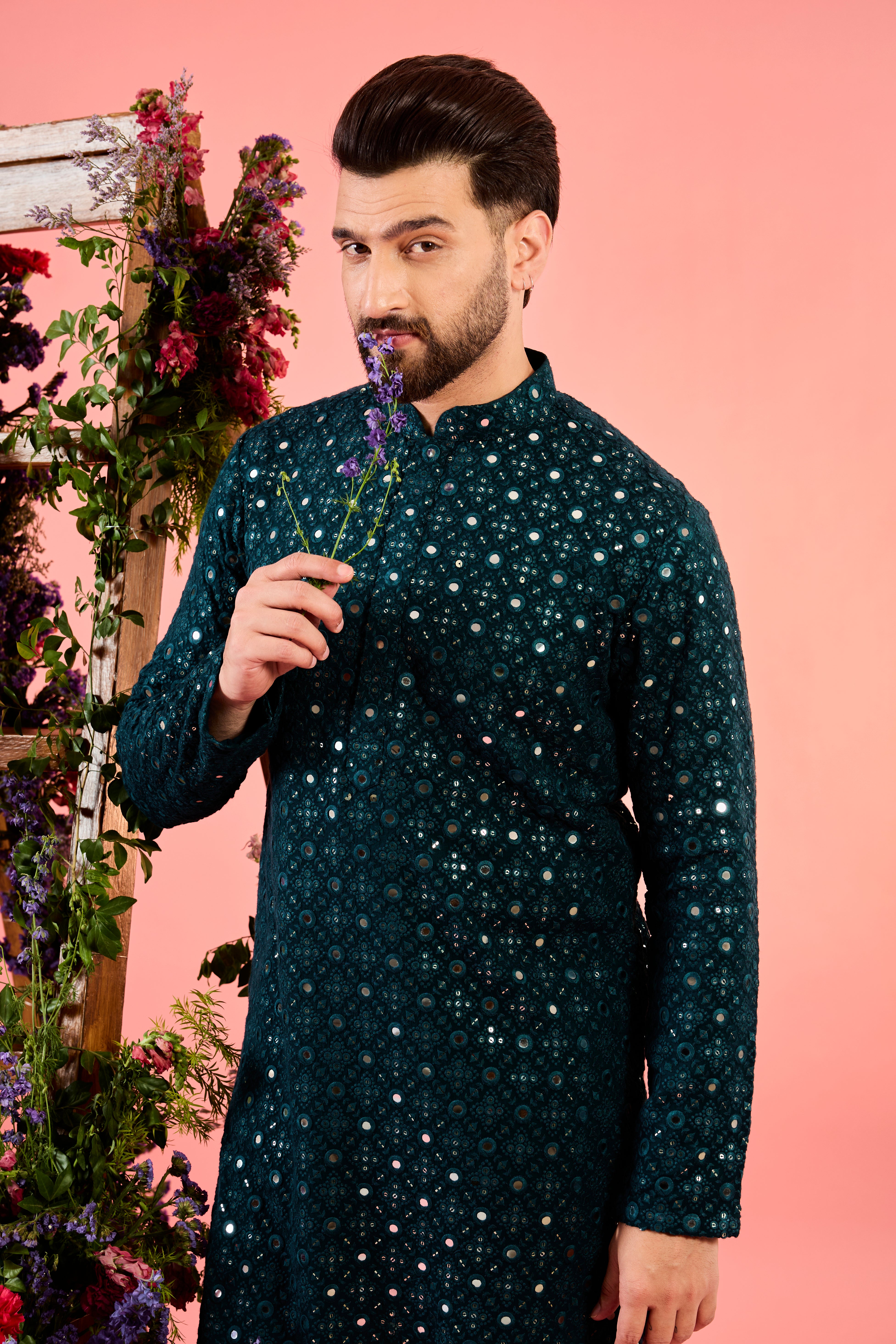 classic teal mirror work kurta