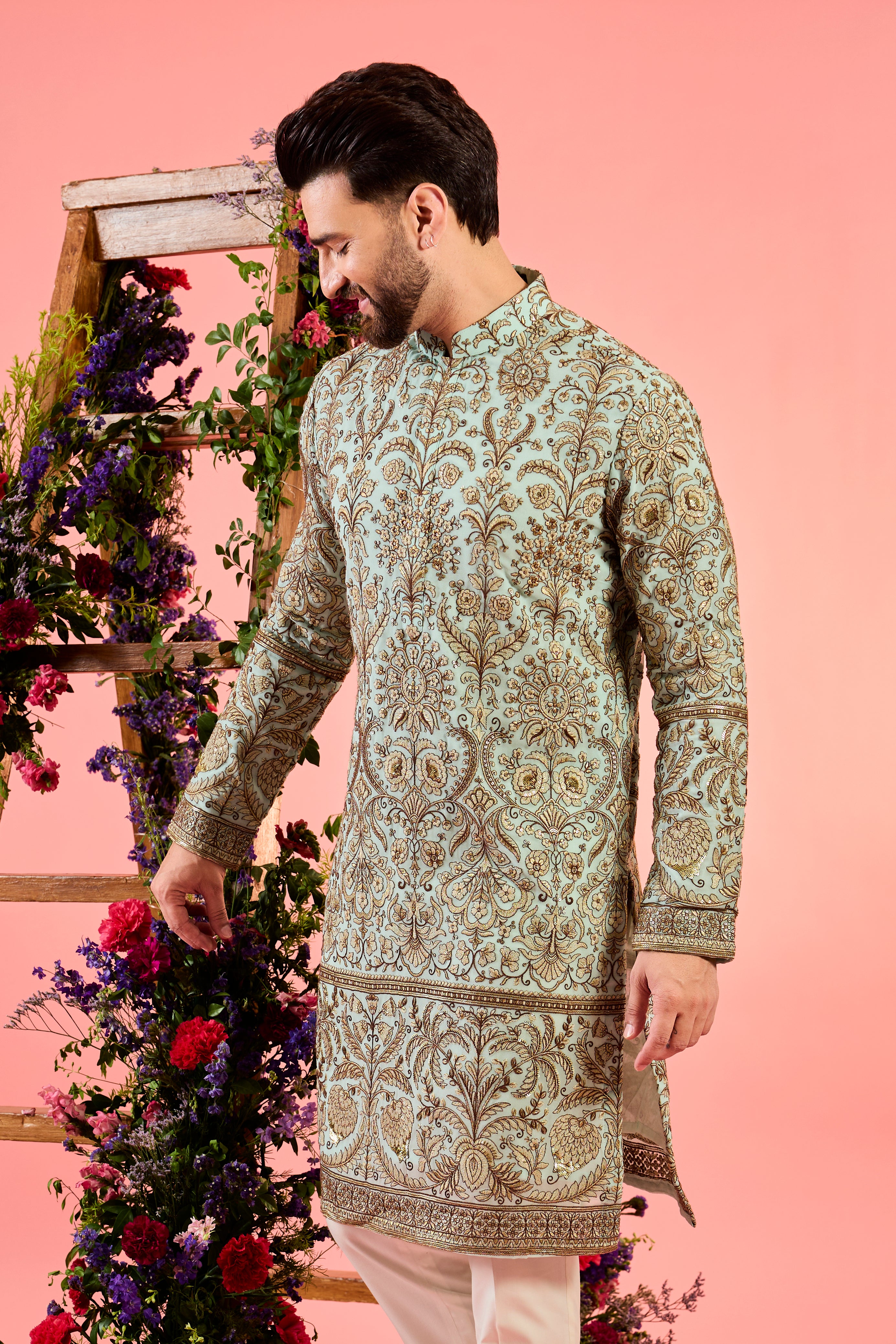 blue chikankari kurta with intricate floral zari embroidery