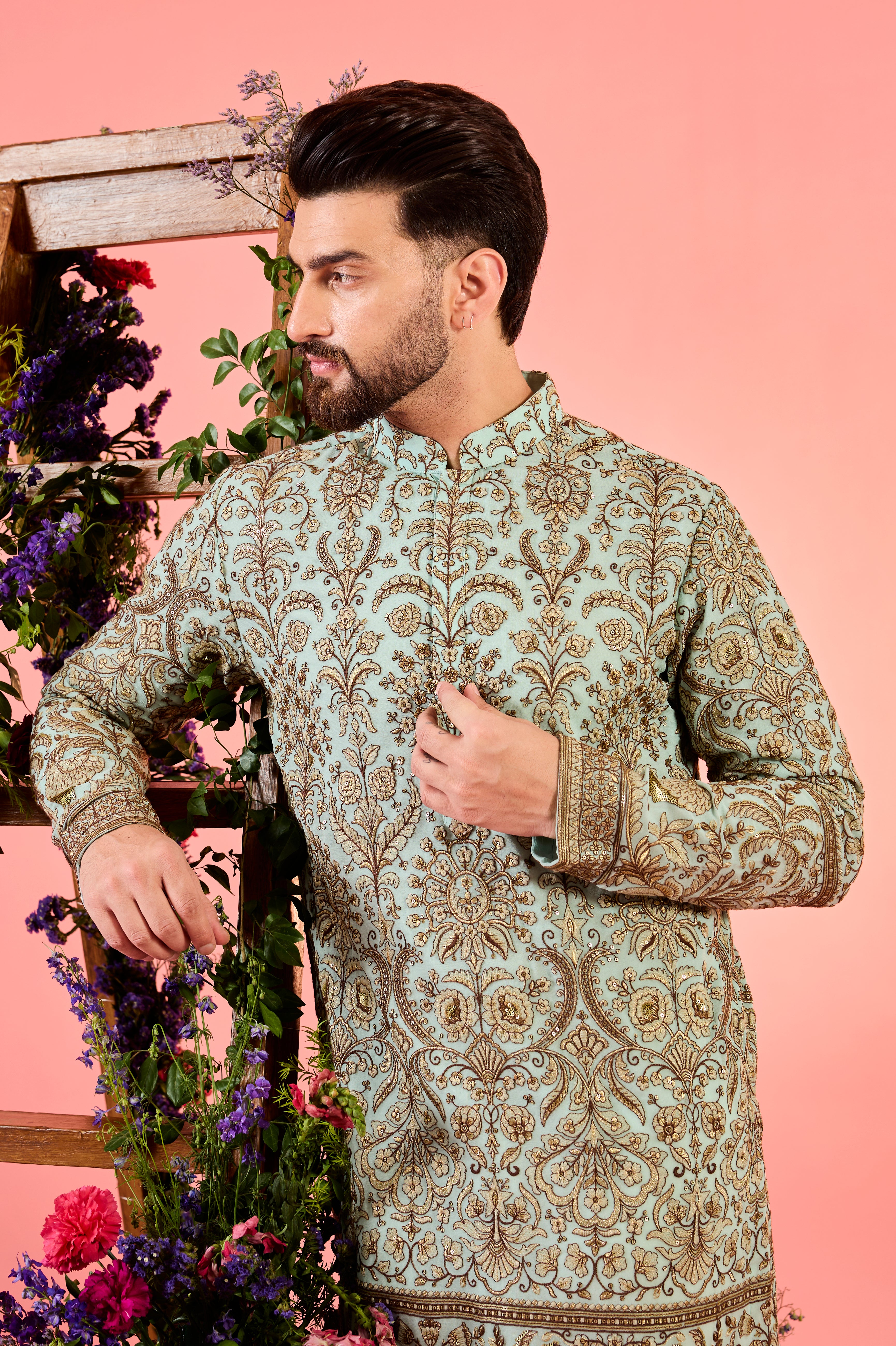 blue chikankari kurta with intricate floral zari embroidery