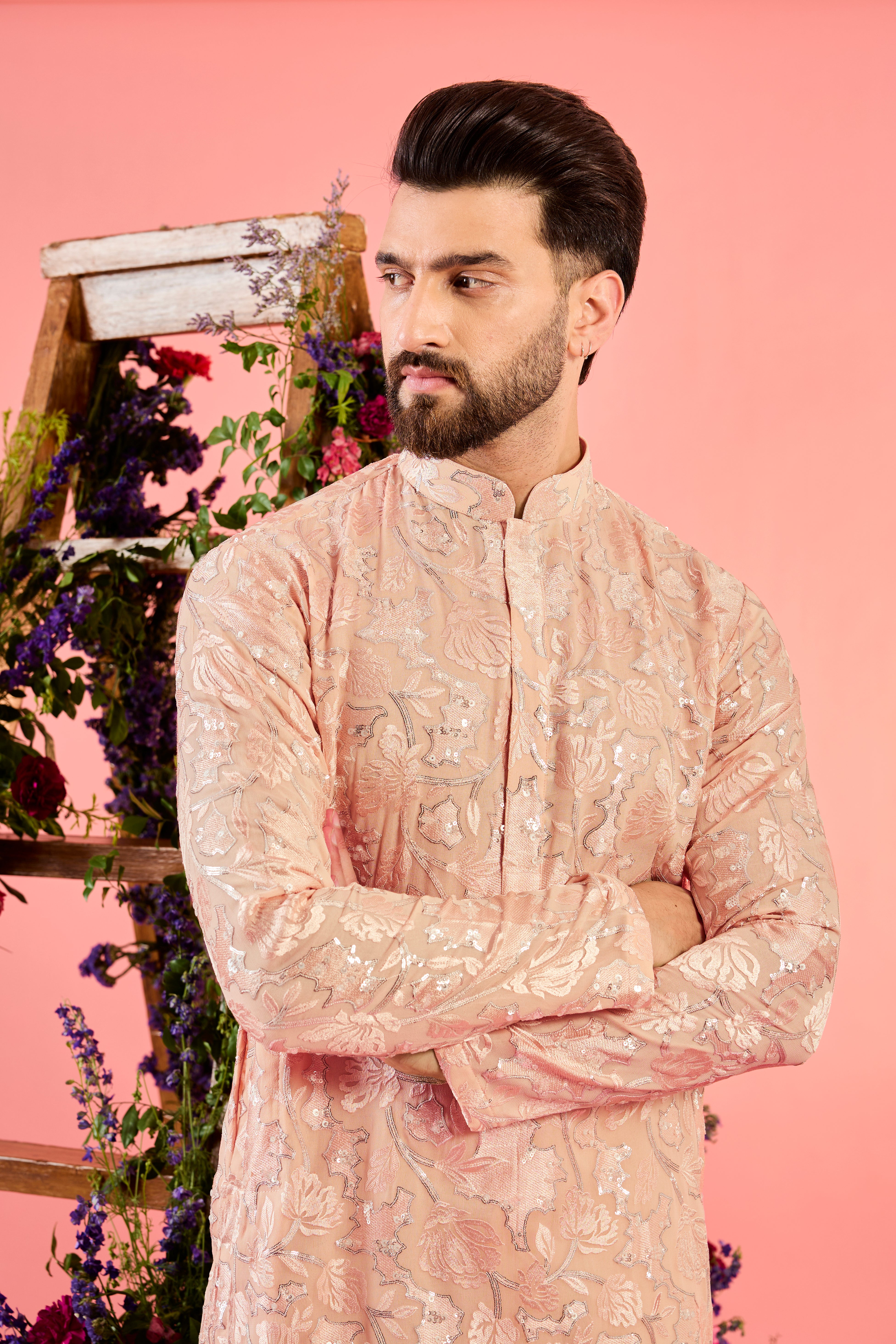 peach chinkari kurta with intricate floral  embroidery