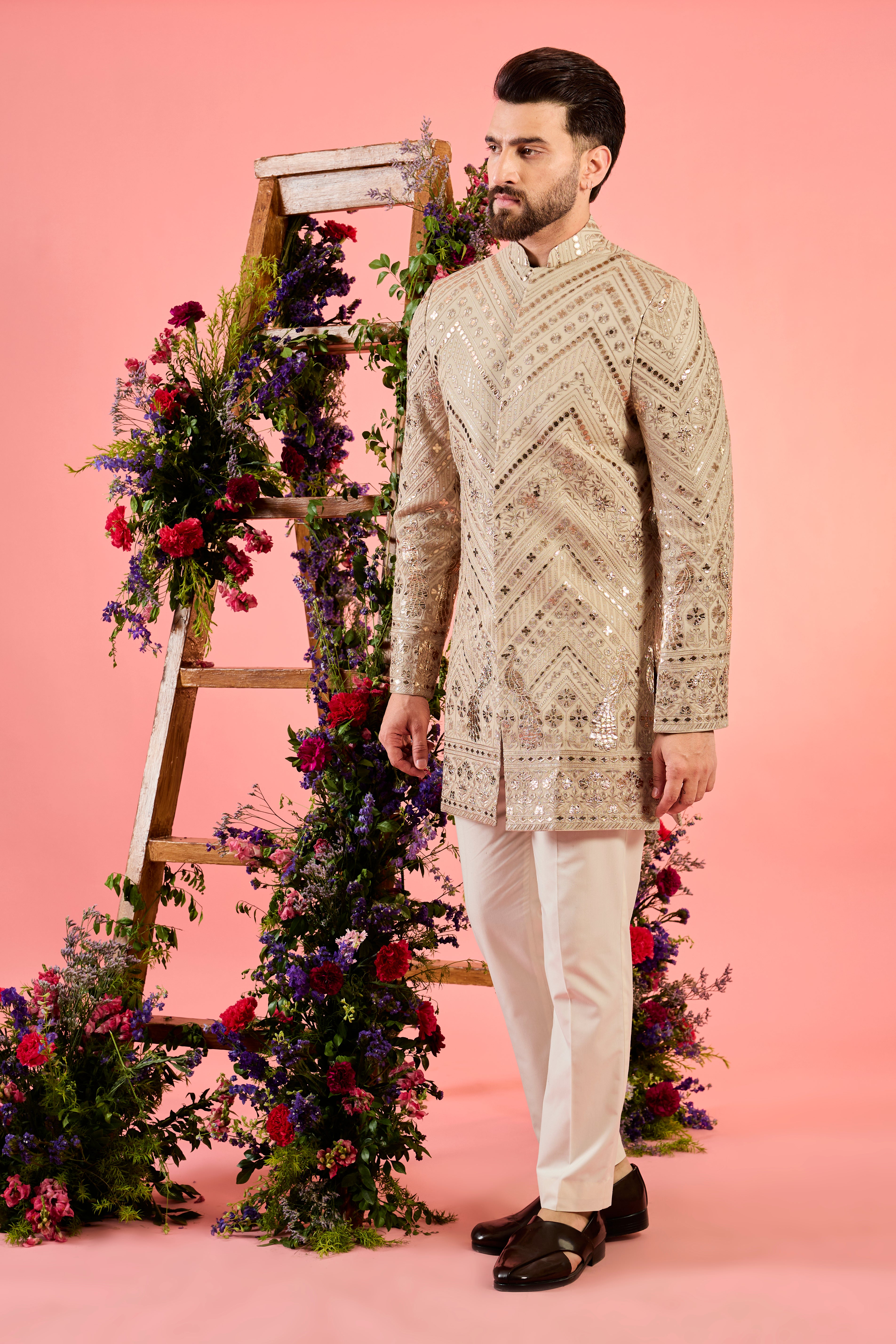 beige leather patchwork short indowestern with detailed flora and fauna figures