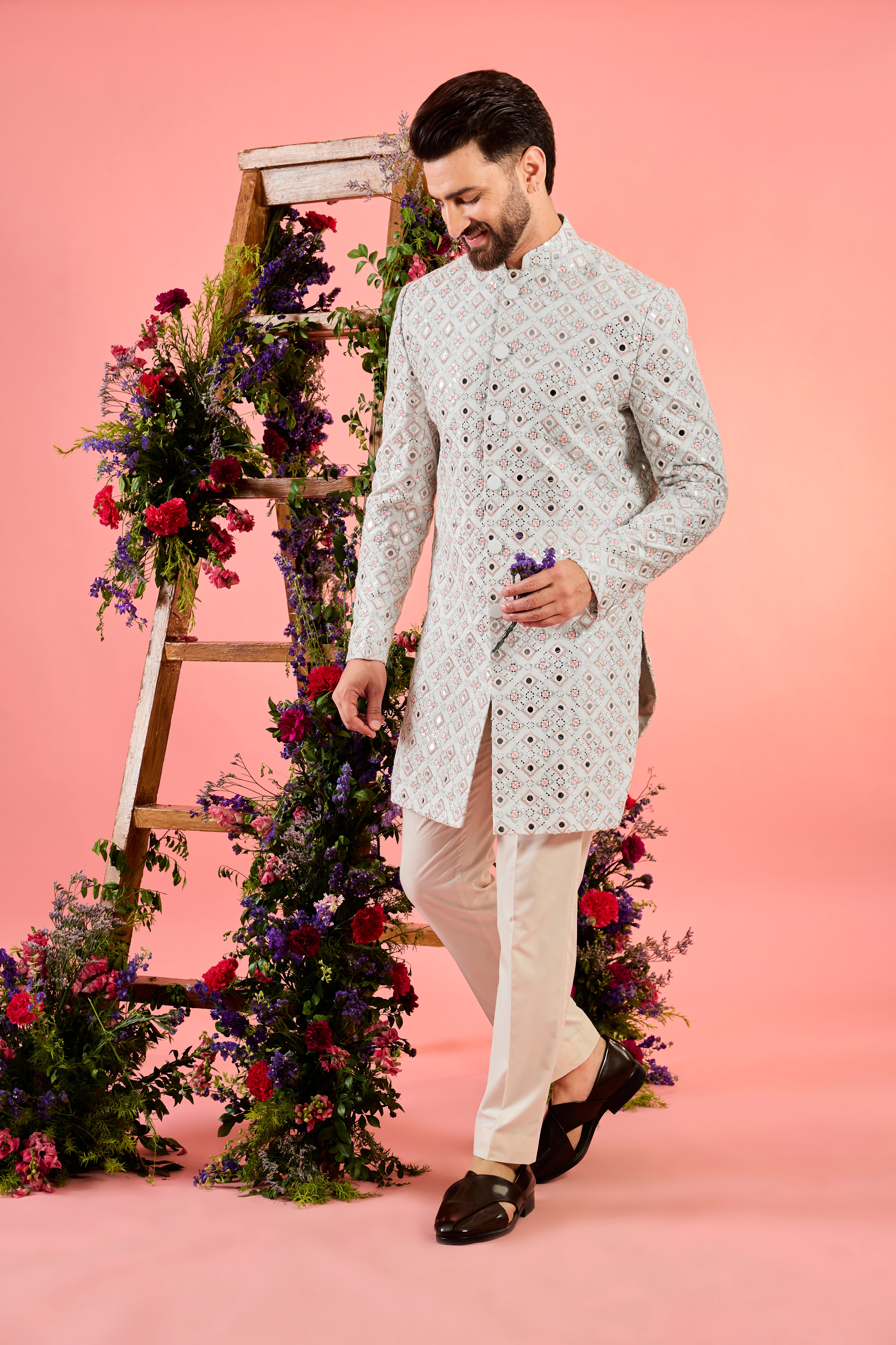 white short indowestern with intricate mirror work