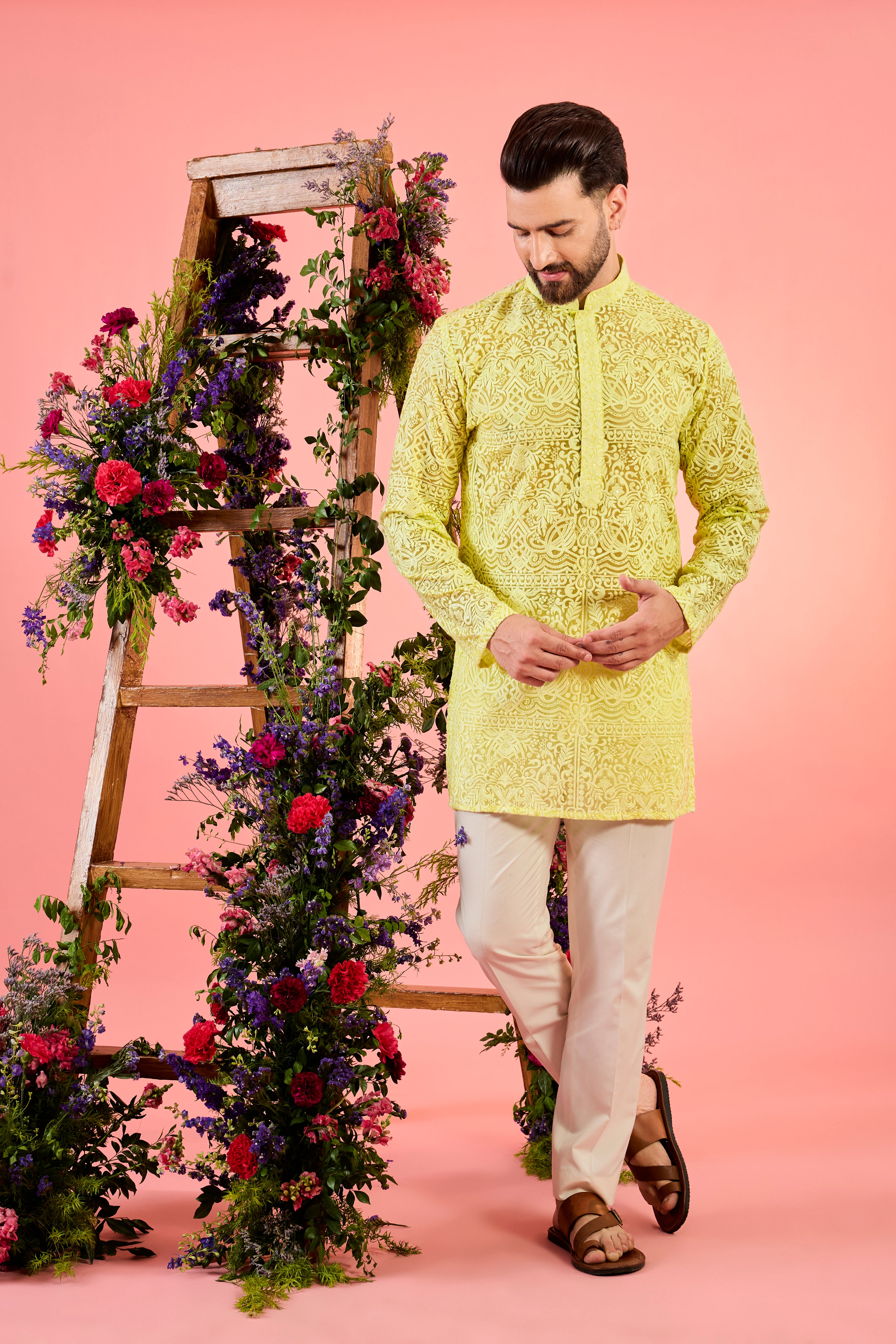 yellow short sheer chikankari kurta