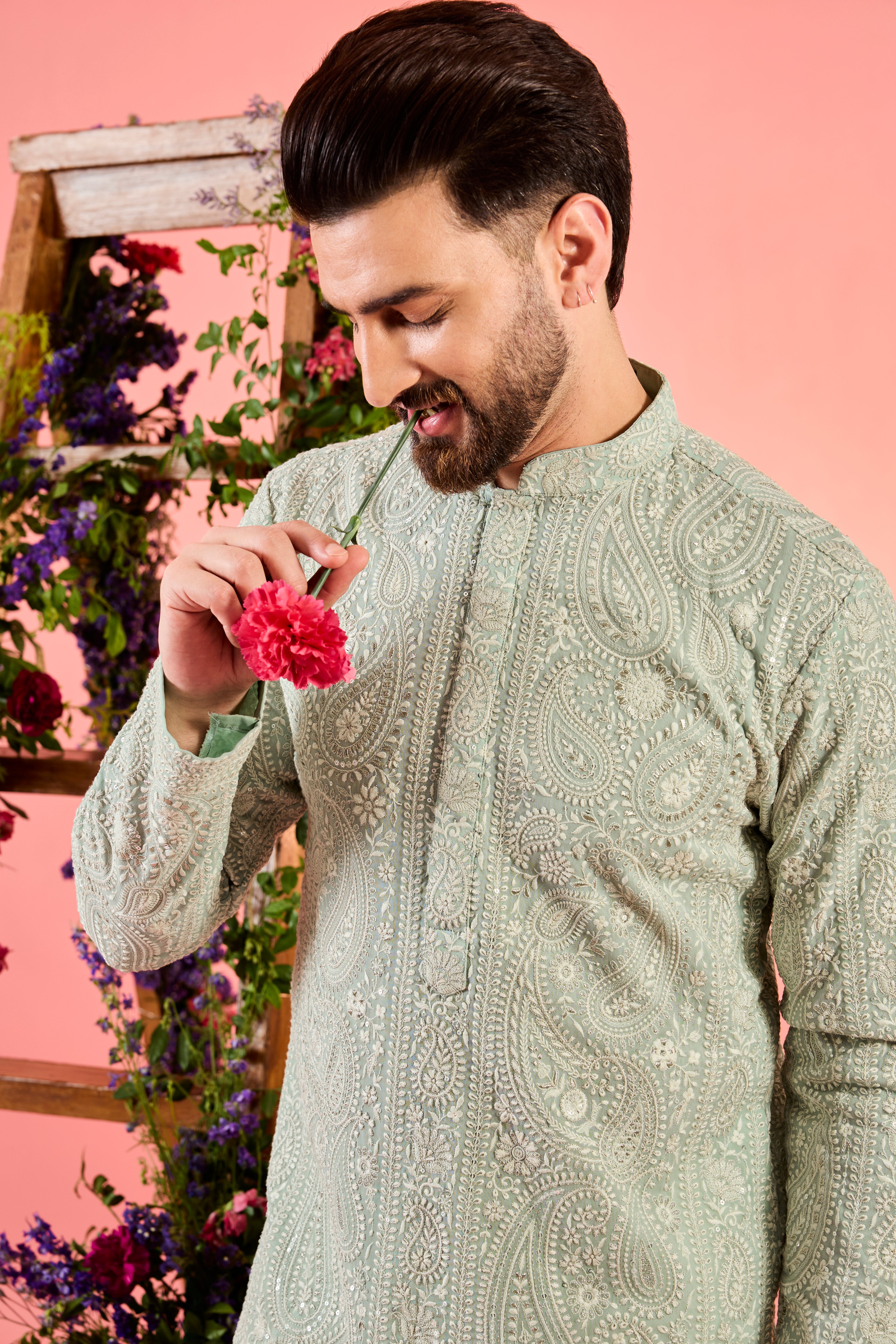 blue chikankari short kurta with floral embroidery