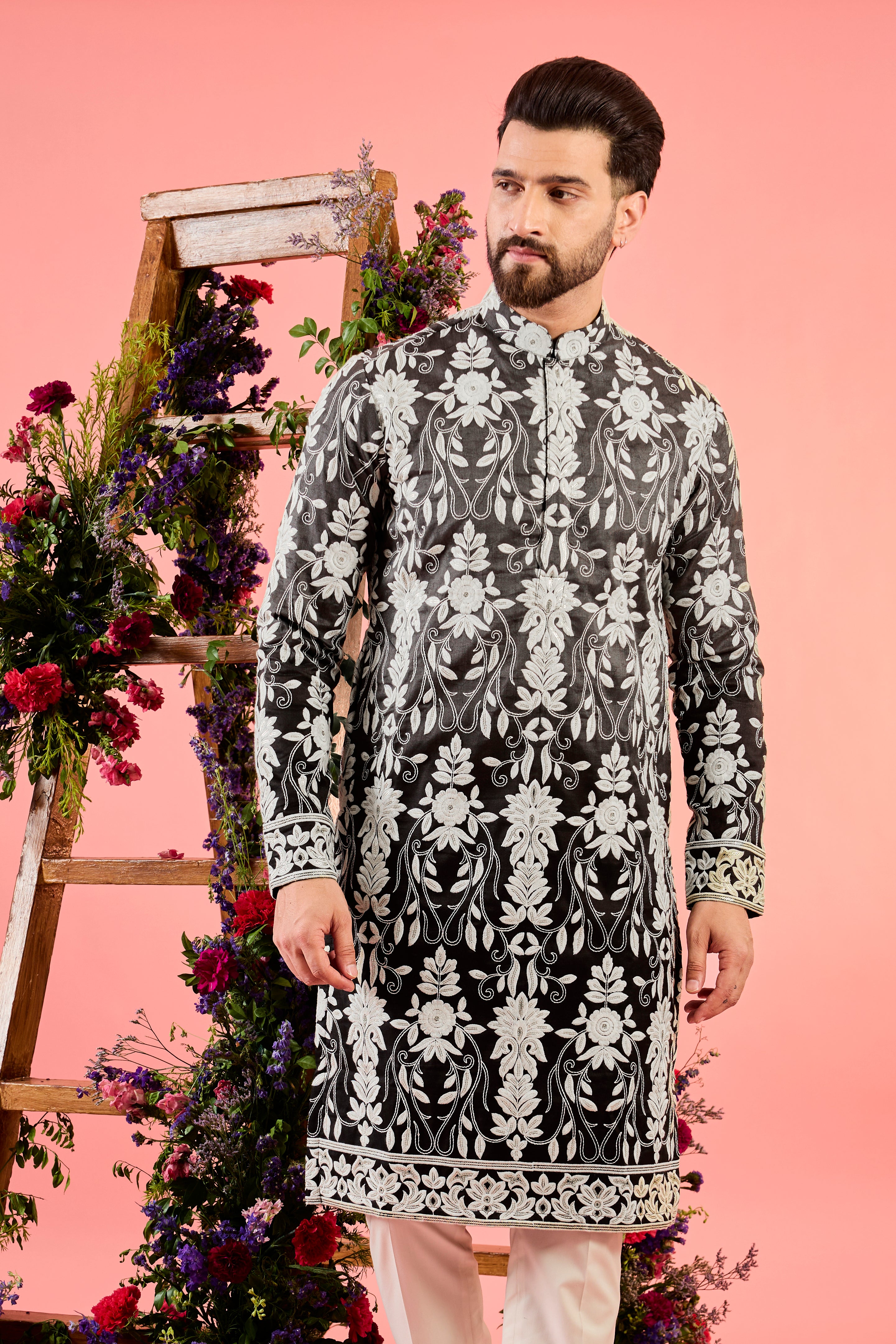 grey- black ombre shaded floral chikankari kurta