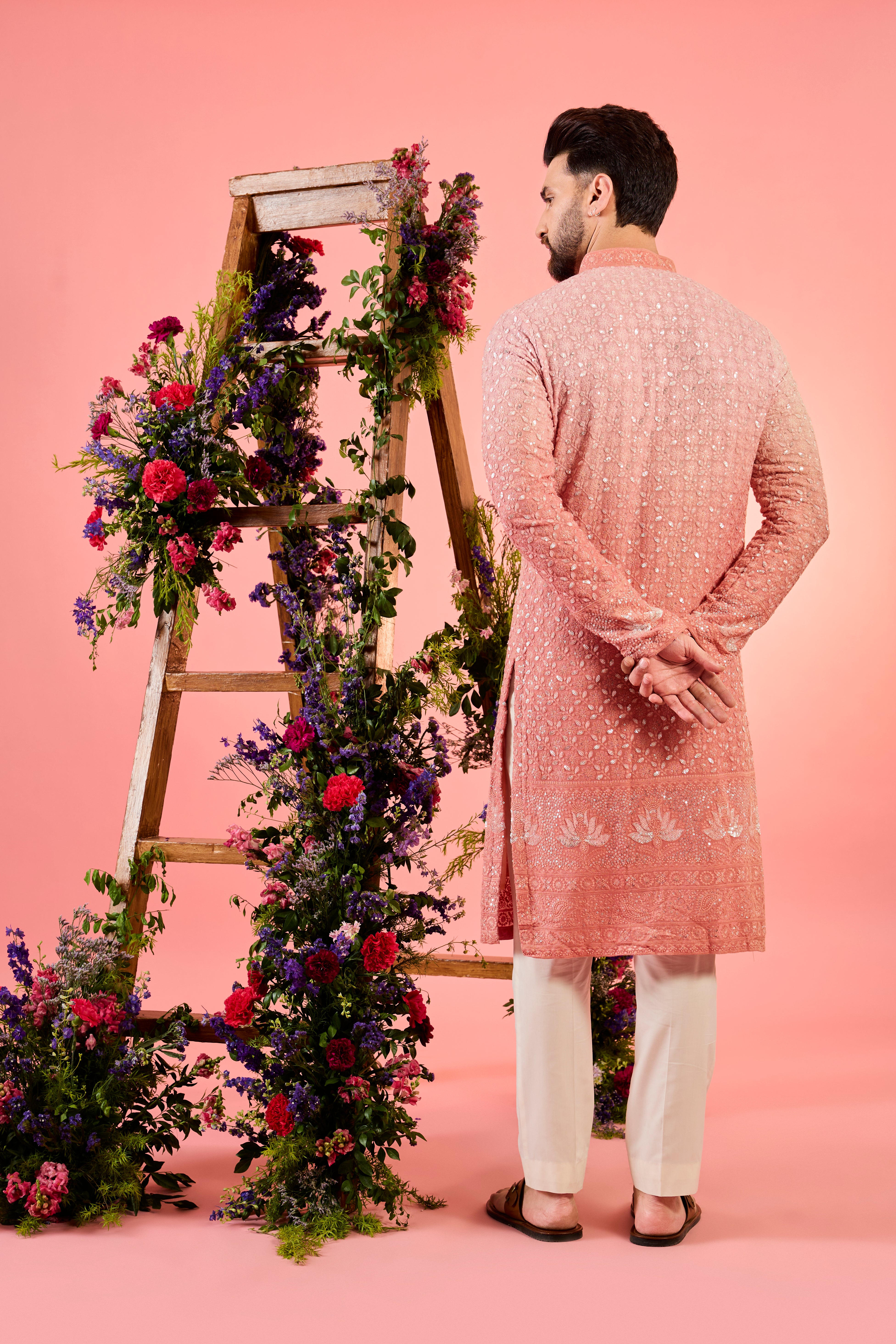 peach ombre shaded mirror work kurta