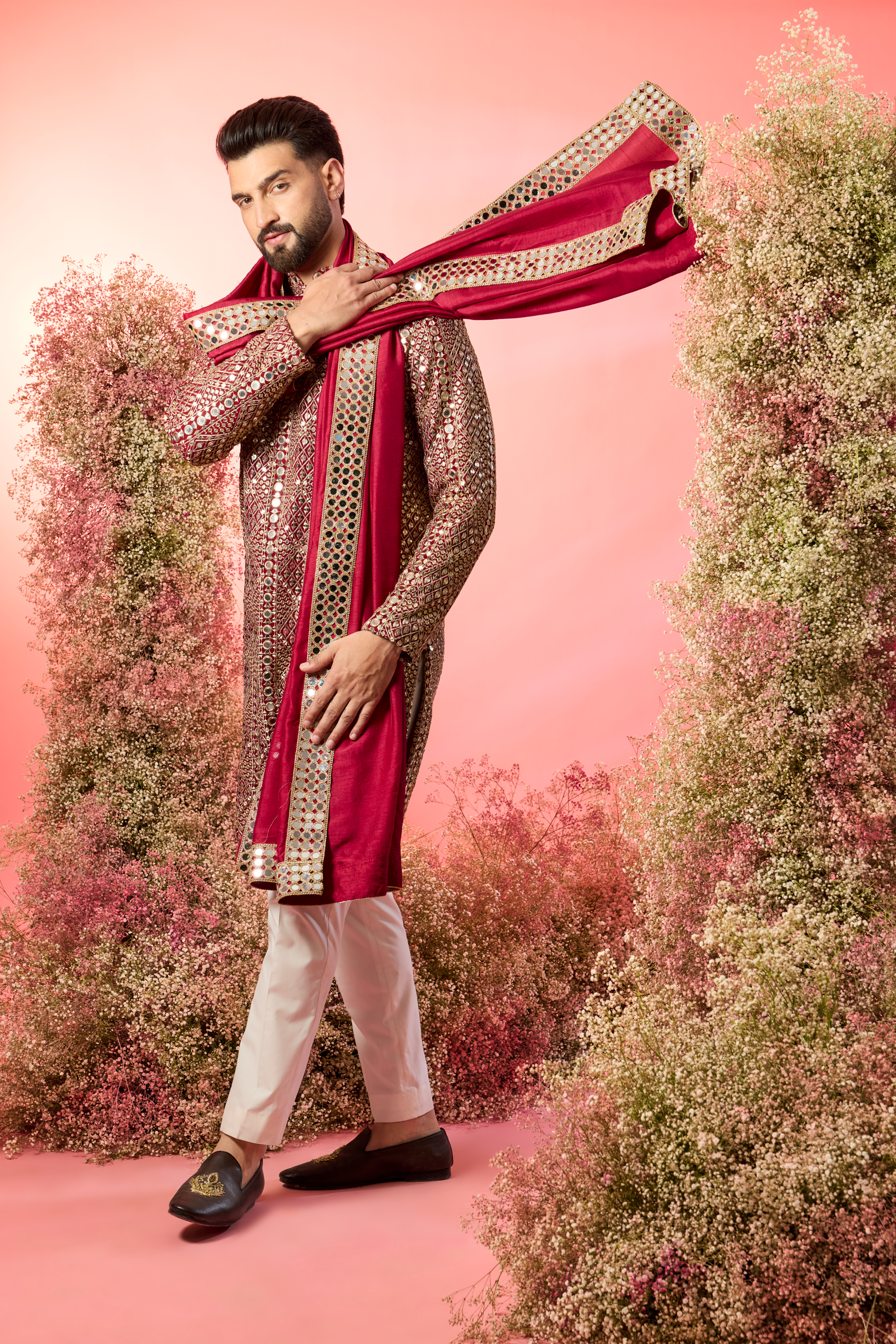signature maroon mirror work kurta with stole