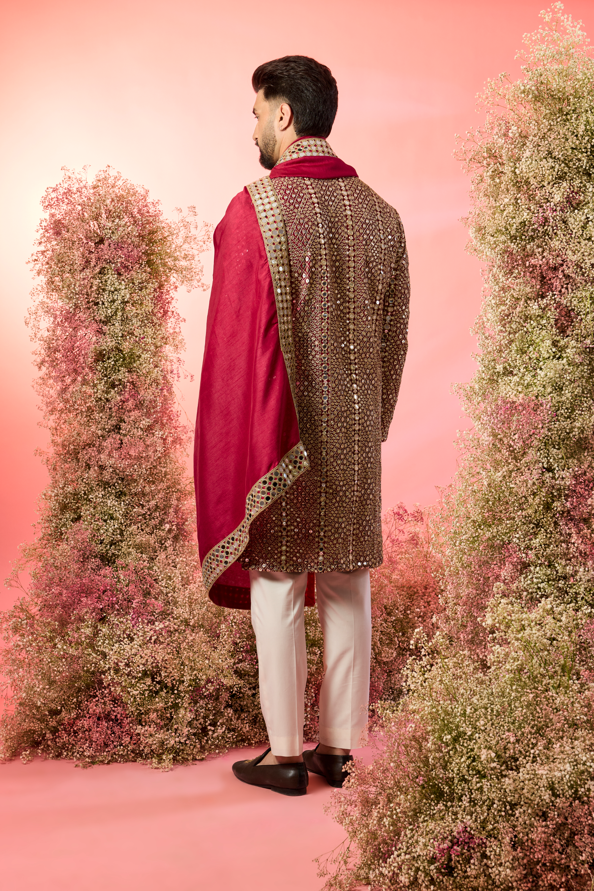 signature maroon mirror work kurta with stole