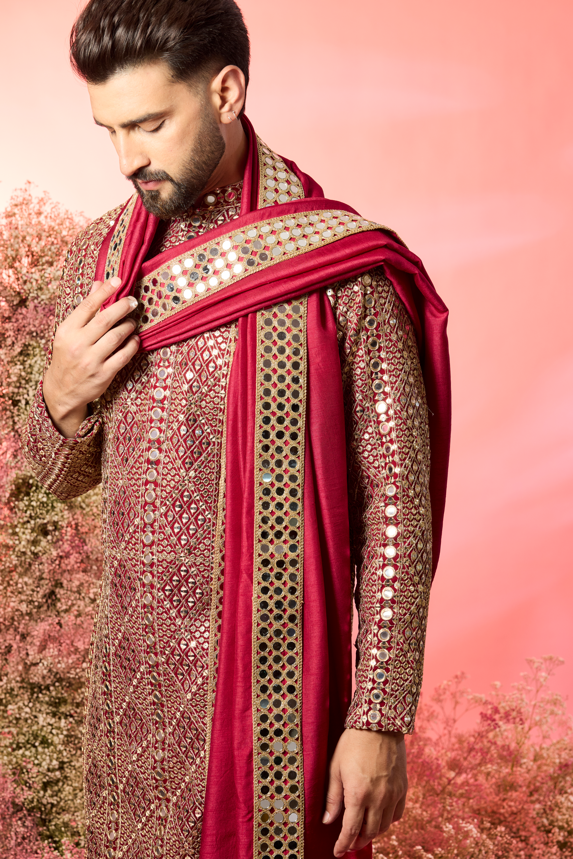 signature maroon mirror work kurta with stole