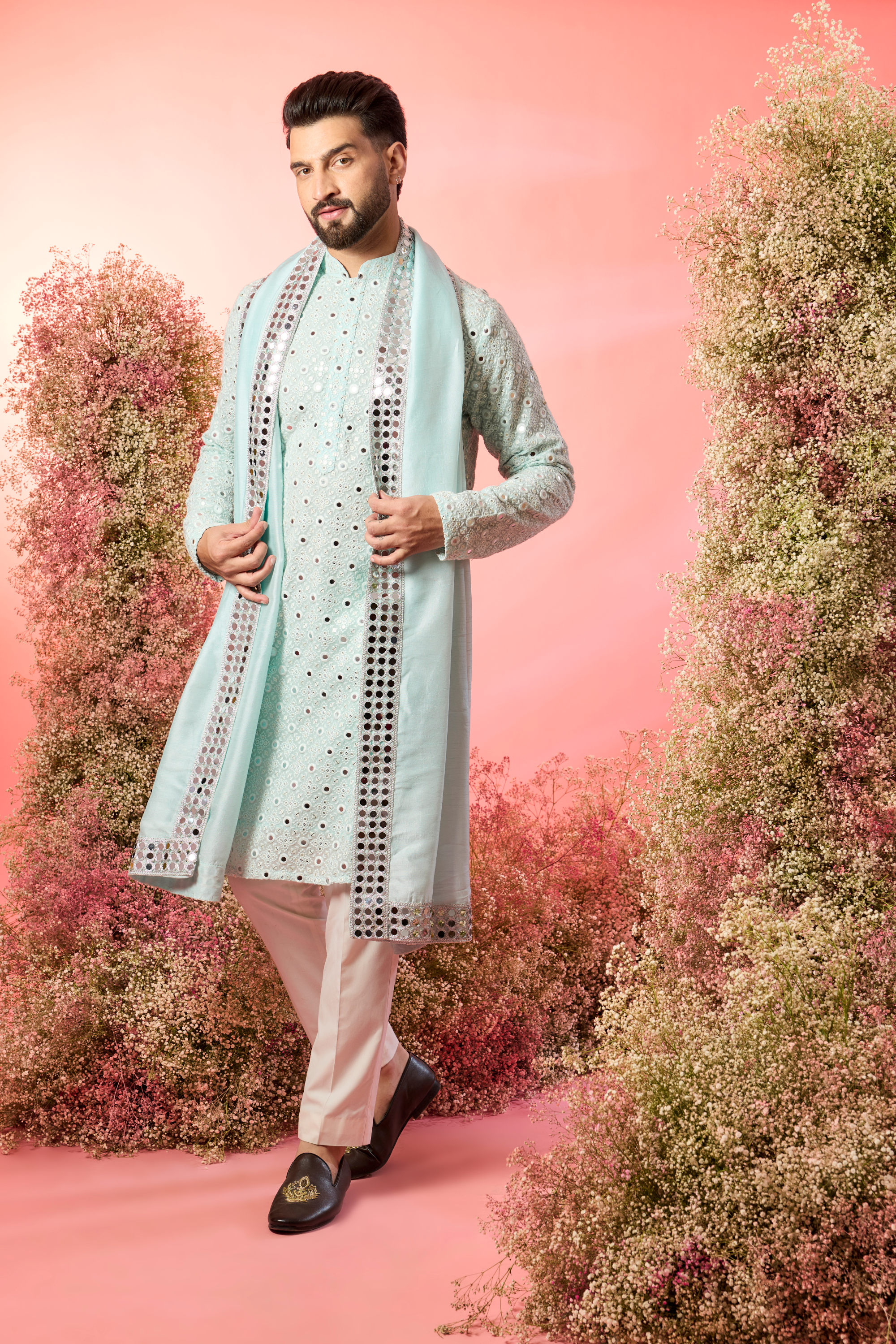 classic powder blue mirror work kurta paired with a mirror work stole