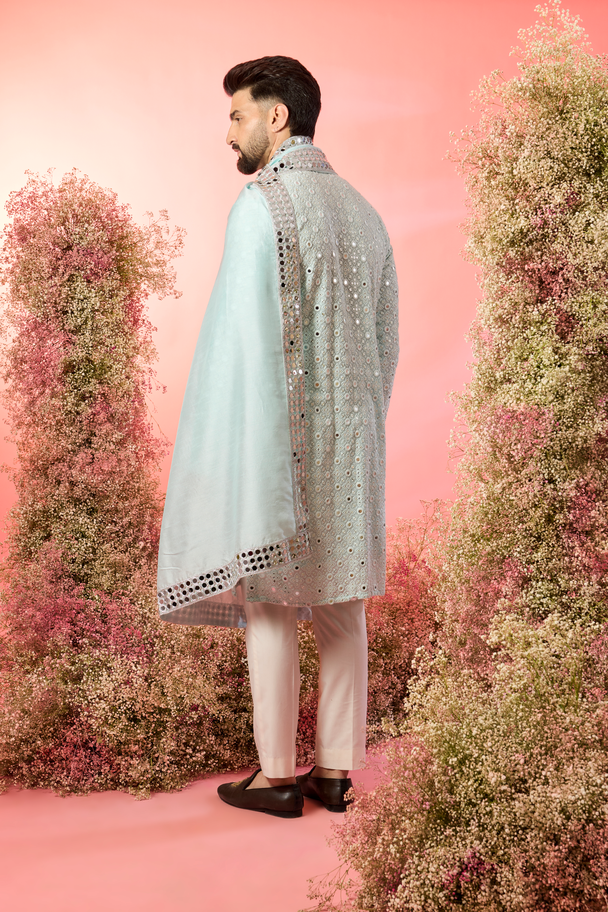 classic powder blue mirror work kurta paired with a mirror work stole