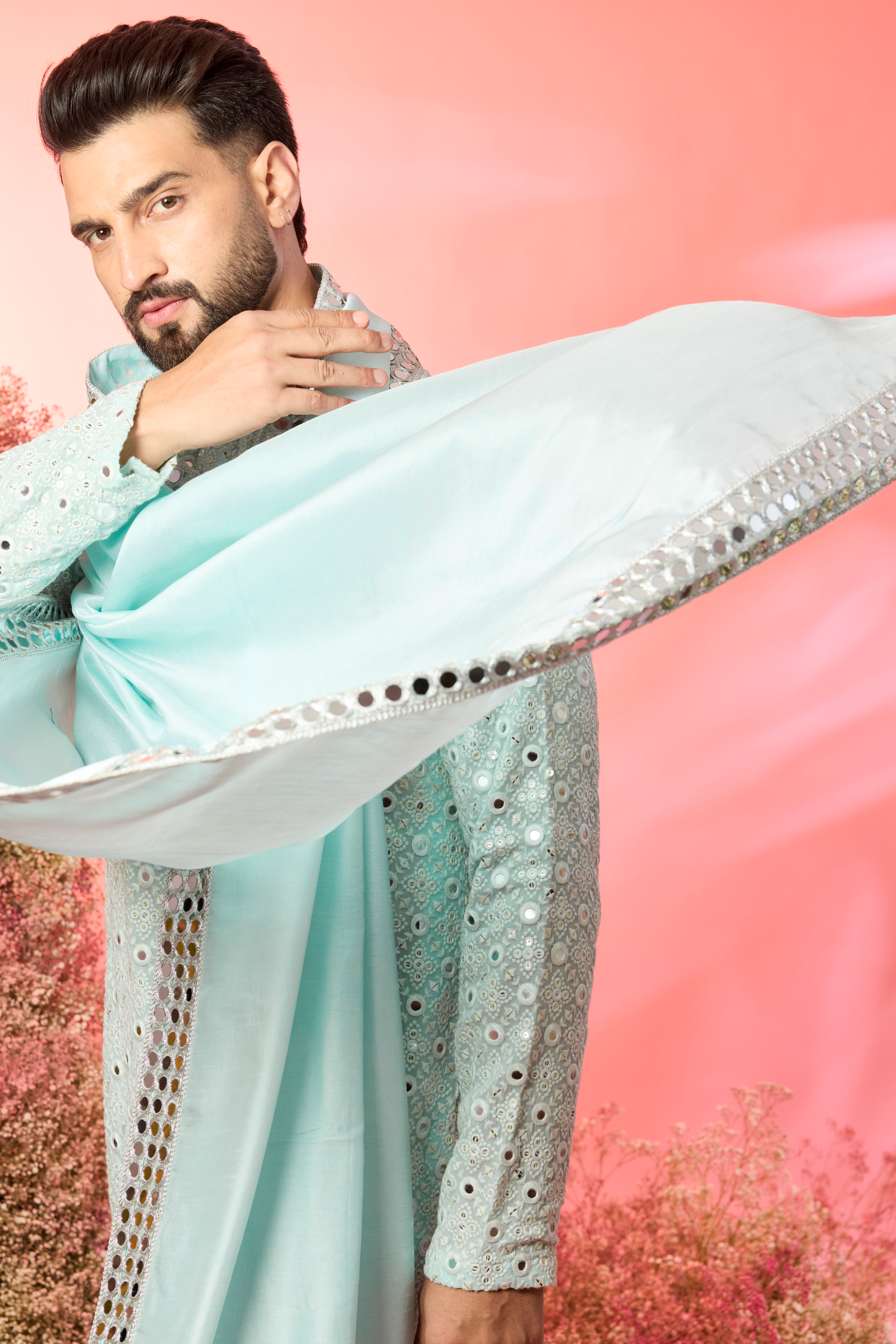 classic powder blue mirror work kurta paired with a mirror work stole