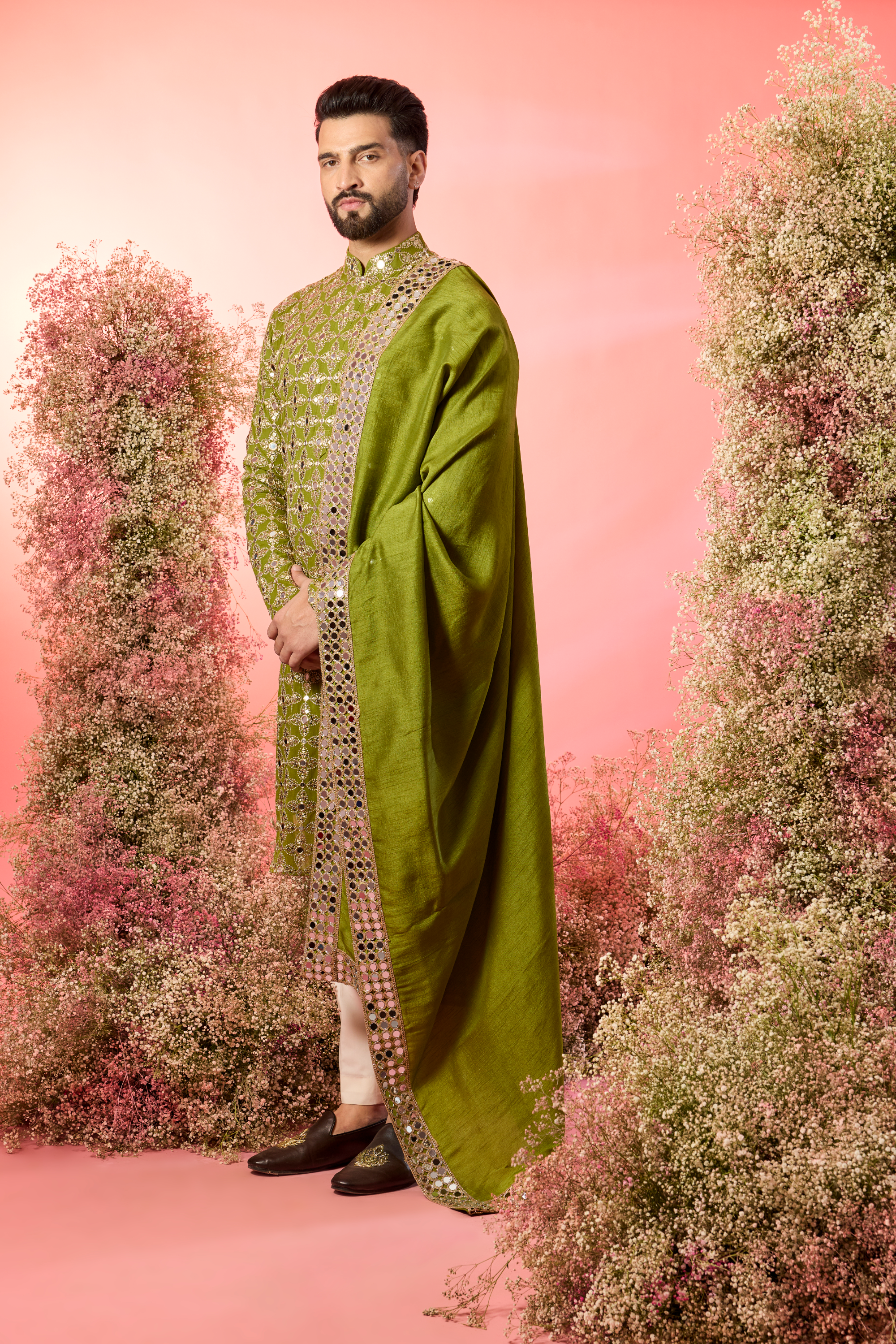 signature green mirror work kurta with stole