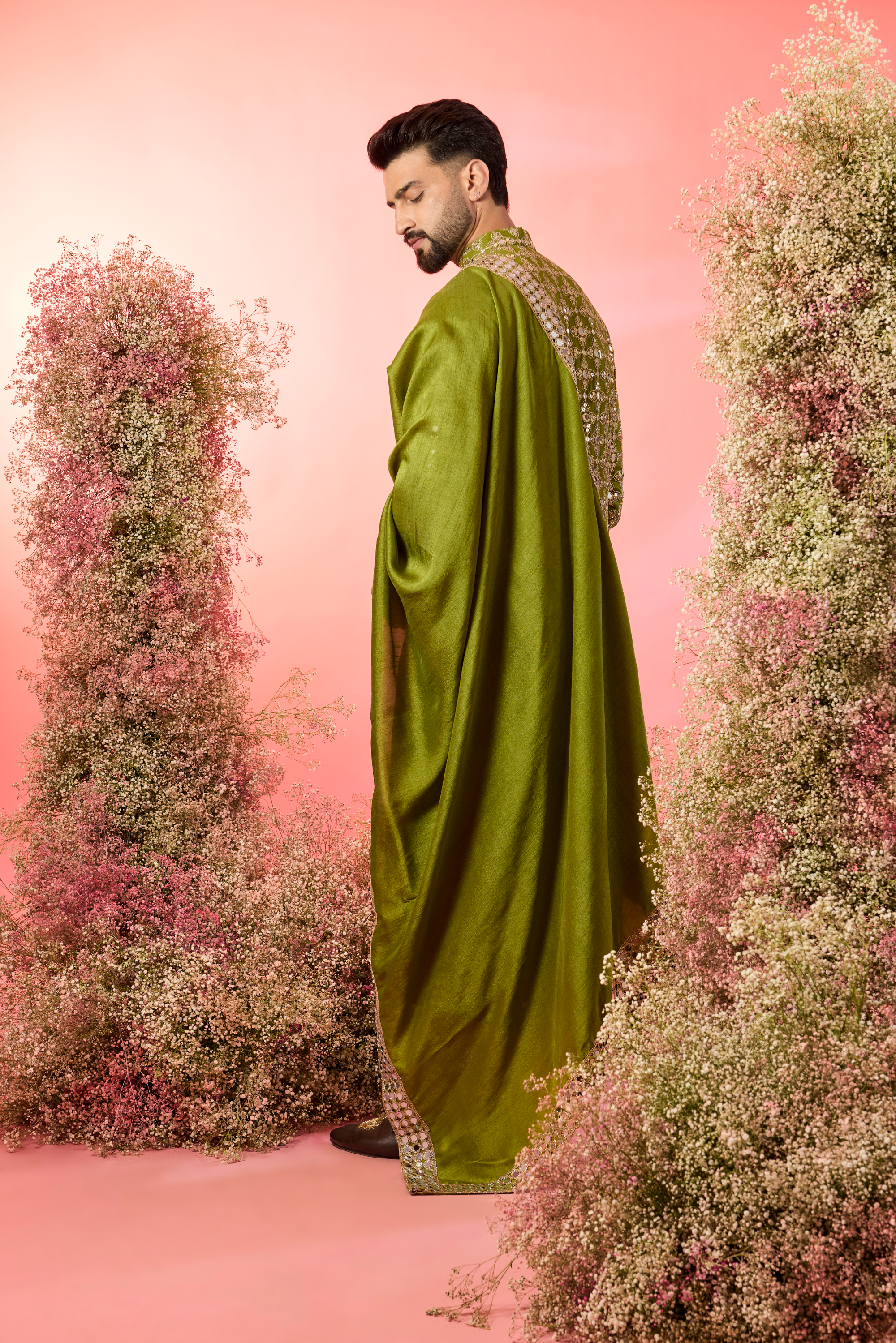 signature green mirror work kurta with stole